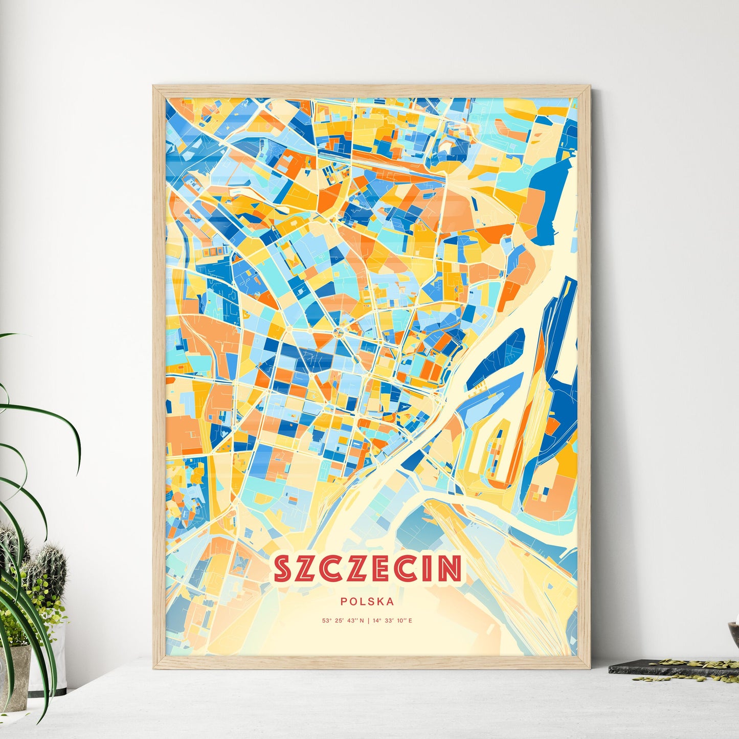 Colorful SZCZECIN POLAND Fine Art Map Blue Orange