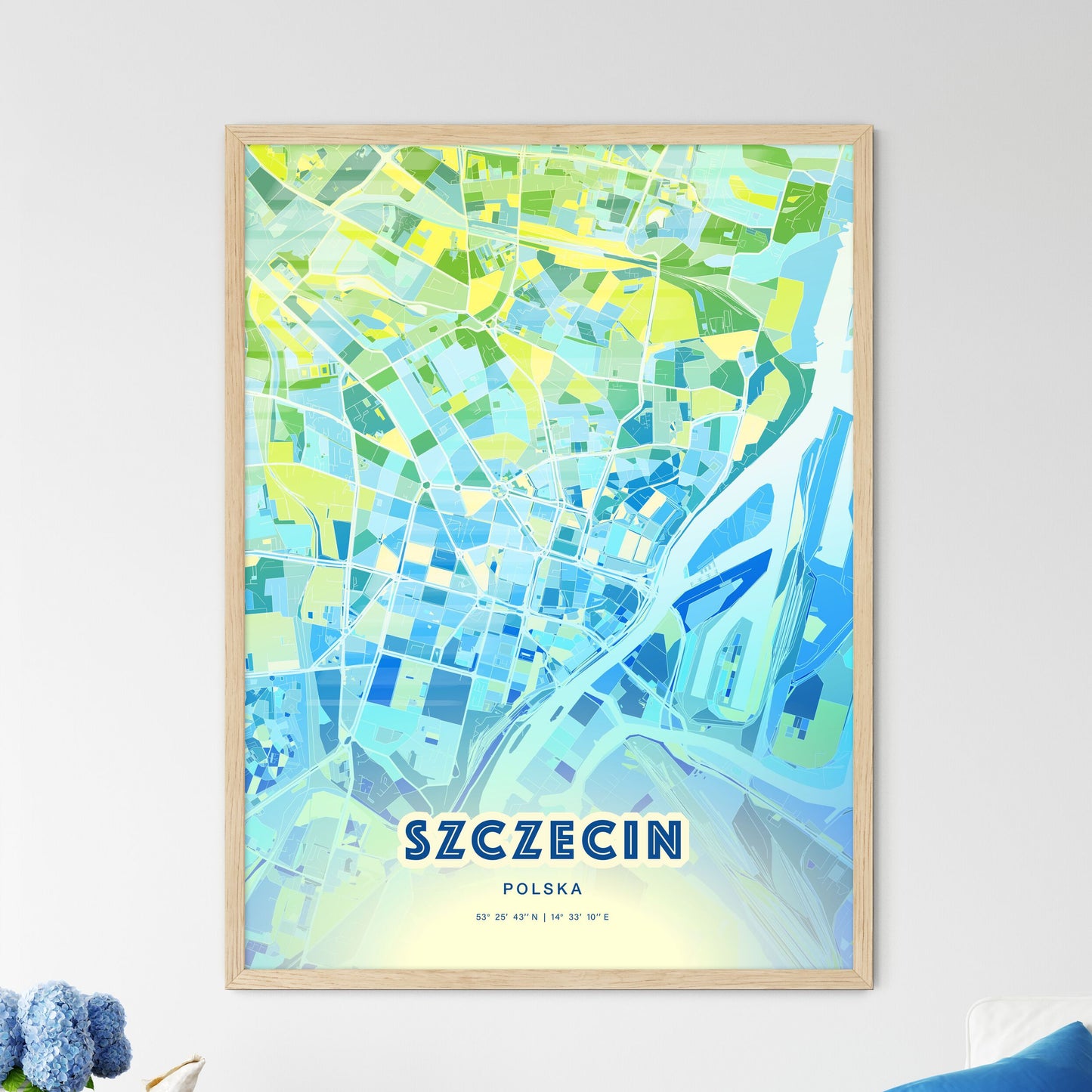 Colorful SZCZECIN POLAND Fine Art Map Cool Blue