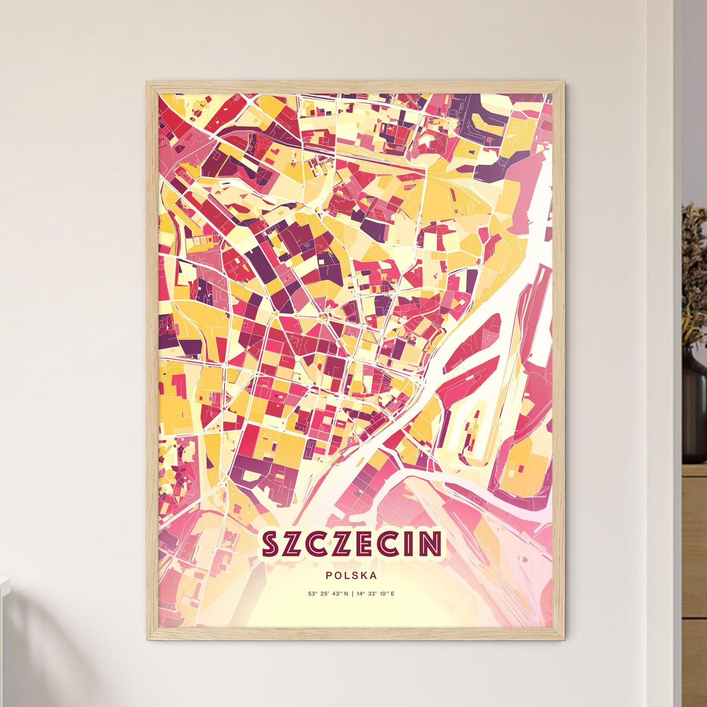 Colorful SZCZECIN POLAND Fine Art Map Hot Red