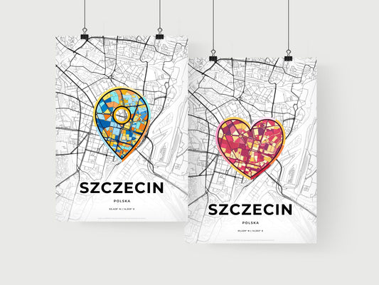 SZCZECIN POLAND minimal art map with a colorful icon. Where it all began, Couple map gift.