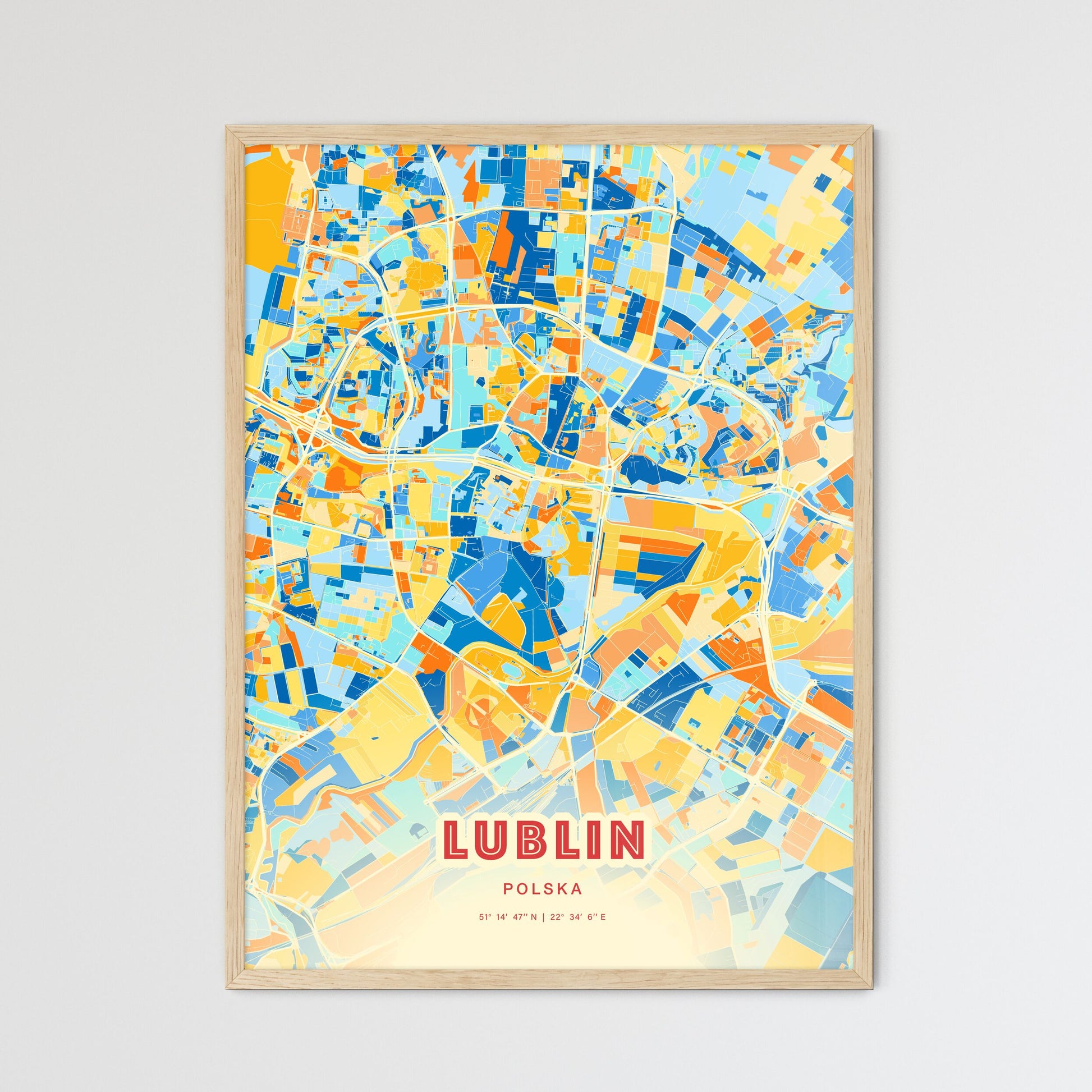 Colorful LUBLIN POLAND Fine Art Map Blue Orange