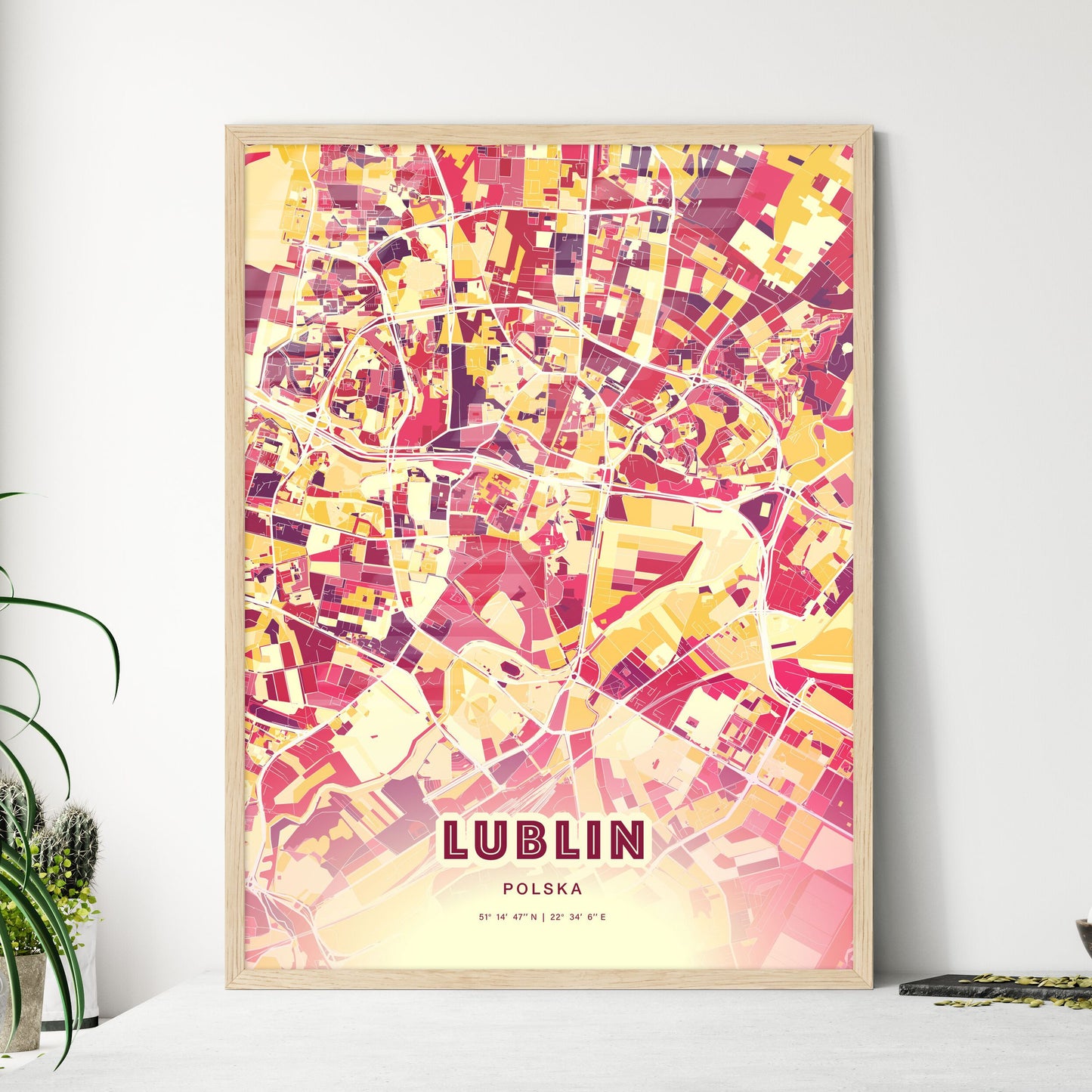 Colorful LUBLIN POLAND Fine Art Map Hot Red