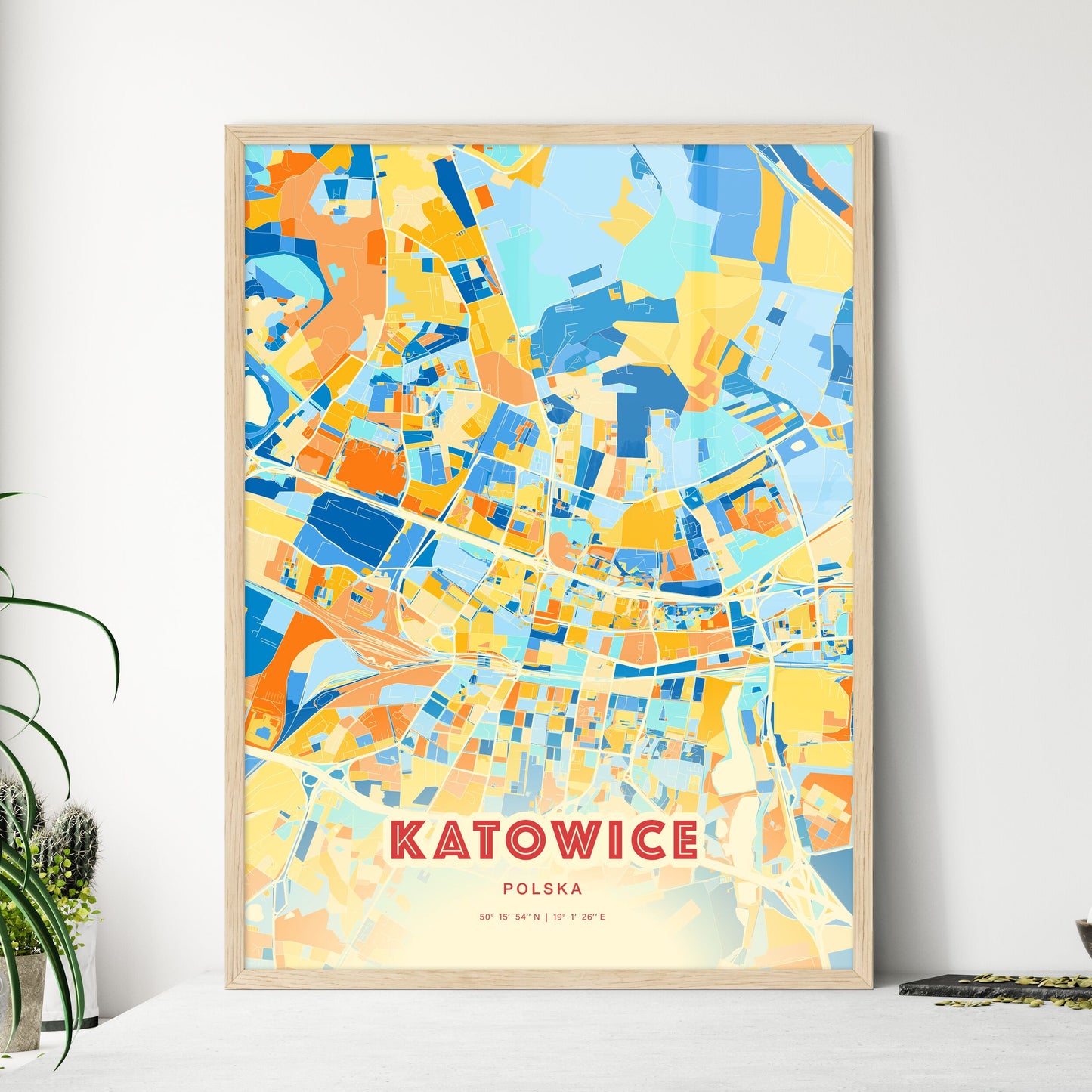 Colorful KATOWICE POLAND Fine Art Map Blue Orange