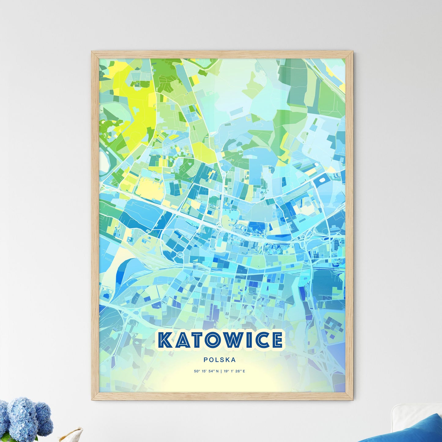 Colorful KATOWICE POLAND Fine Art Map Cool Blue