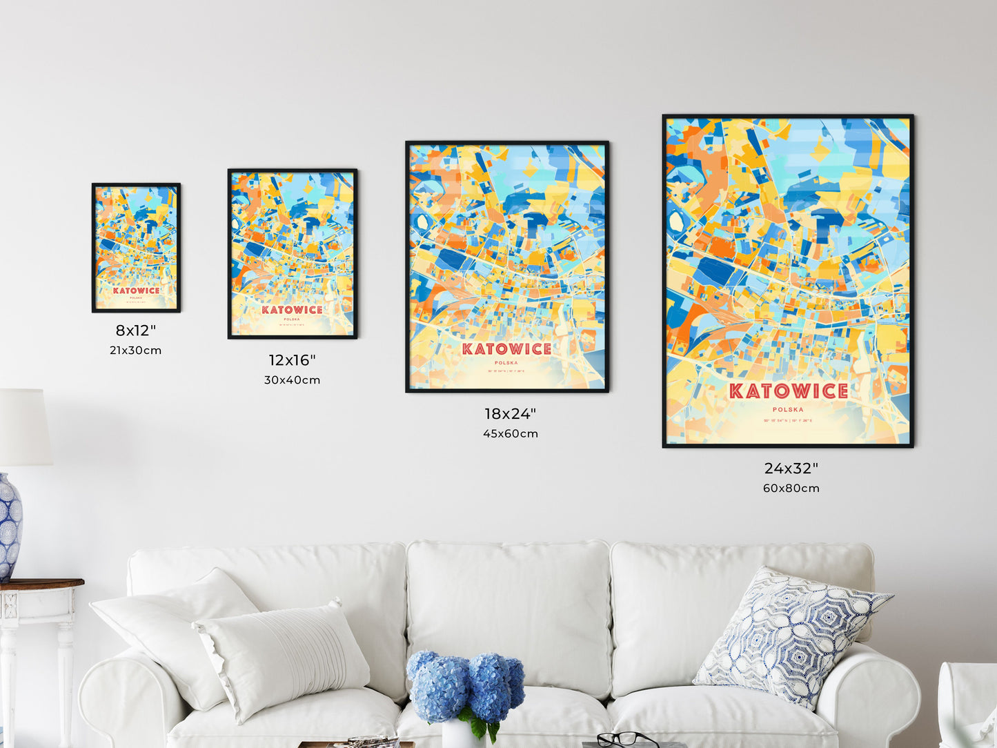 Colorful KATOWICE POLAND Fine Art Map Blue Orange