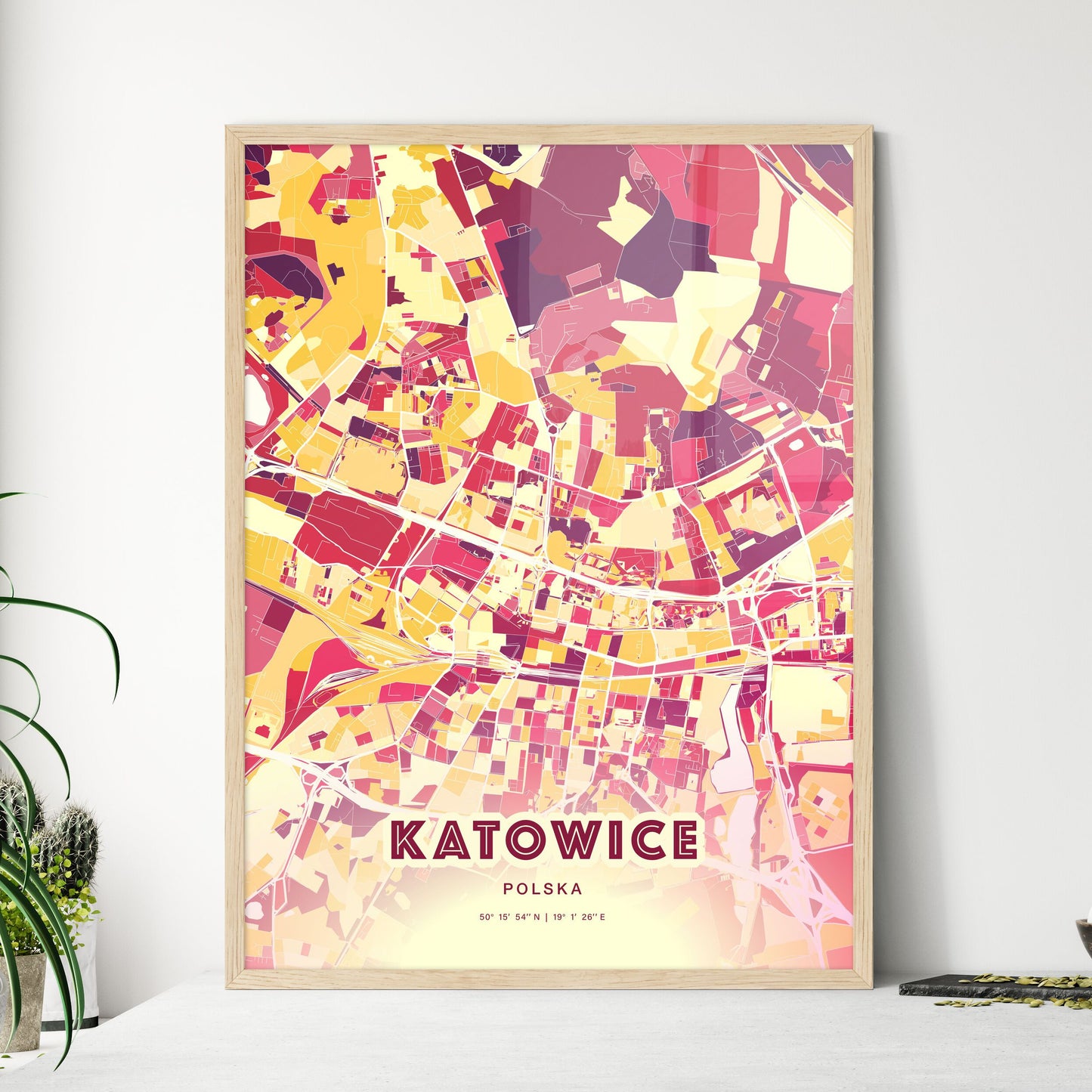 Colorful KATOWICE POLAND Fine Art Map Hot Red