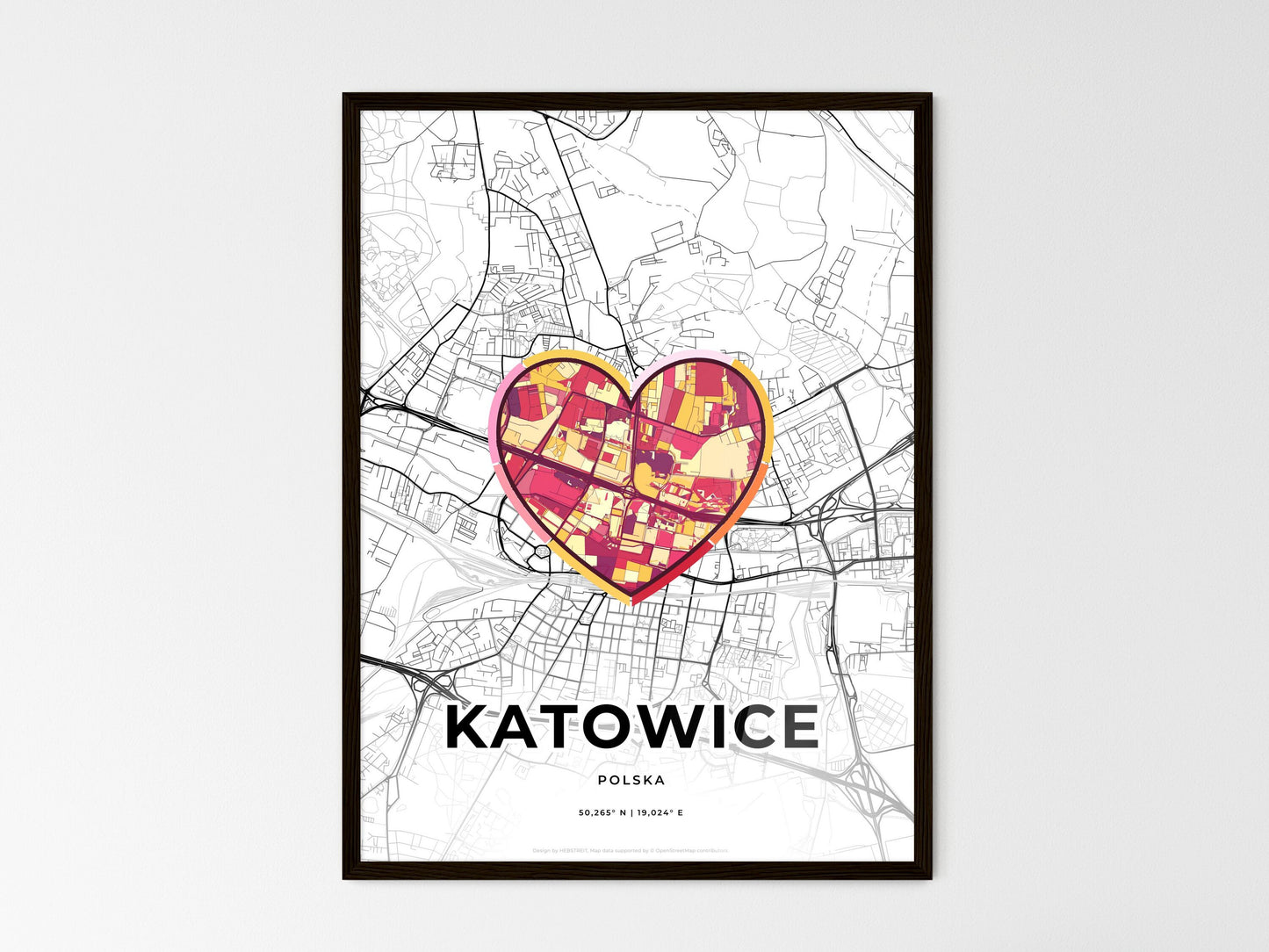 Katowice Poland wedding art map with heart icon