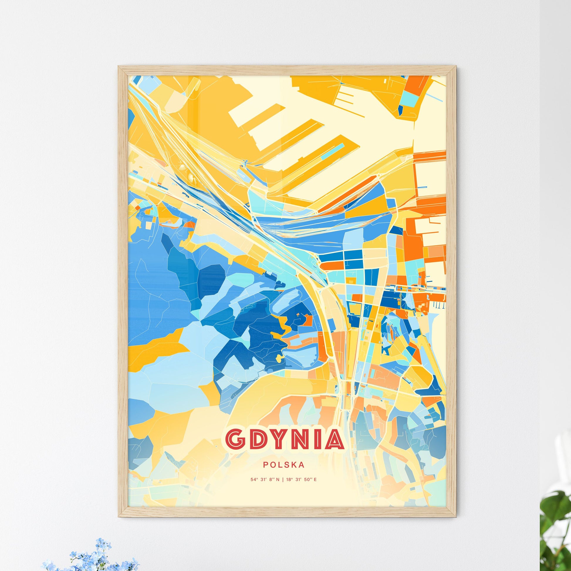 Colorful GDYNIA POLAND Fine Art Map Blue Orange