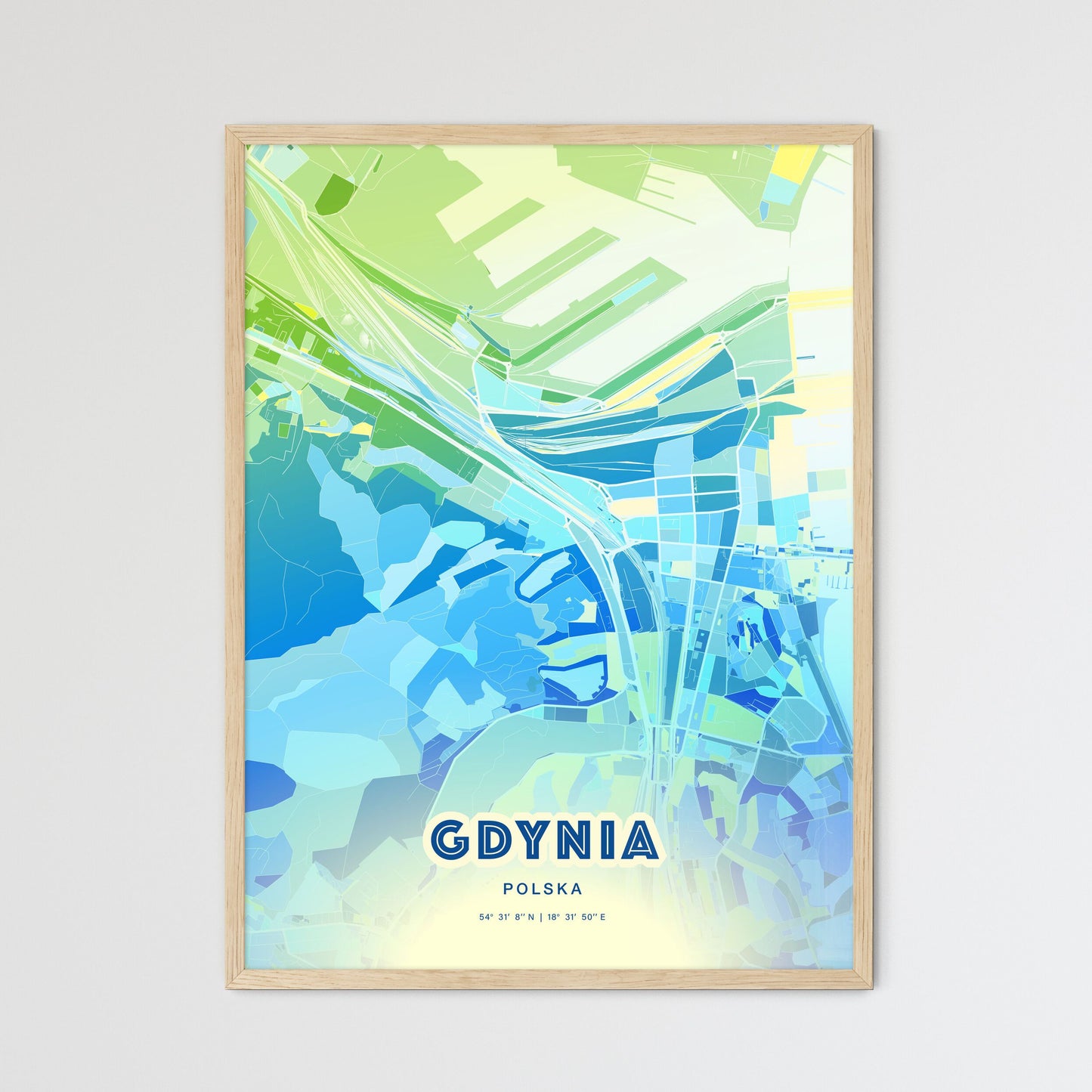 Colorful GDYNIA POLAND Fine Art Map Cool Blue