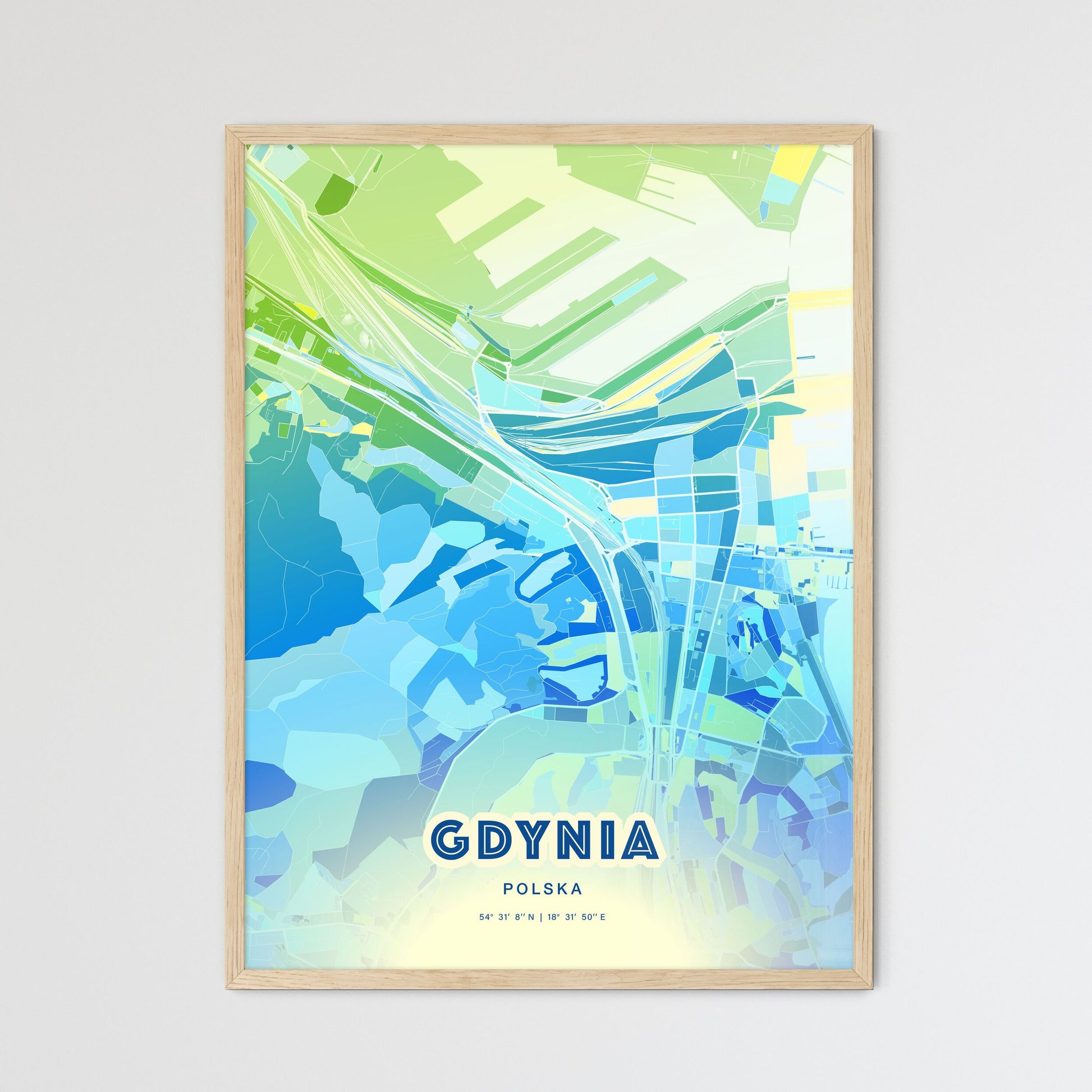 Colorful GDYNIA POLAND Fine Art Map Cool Blue