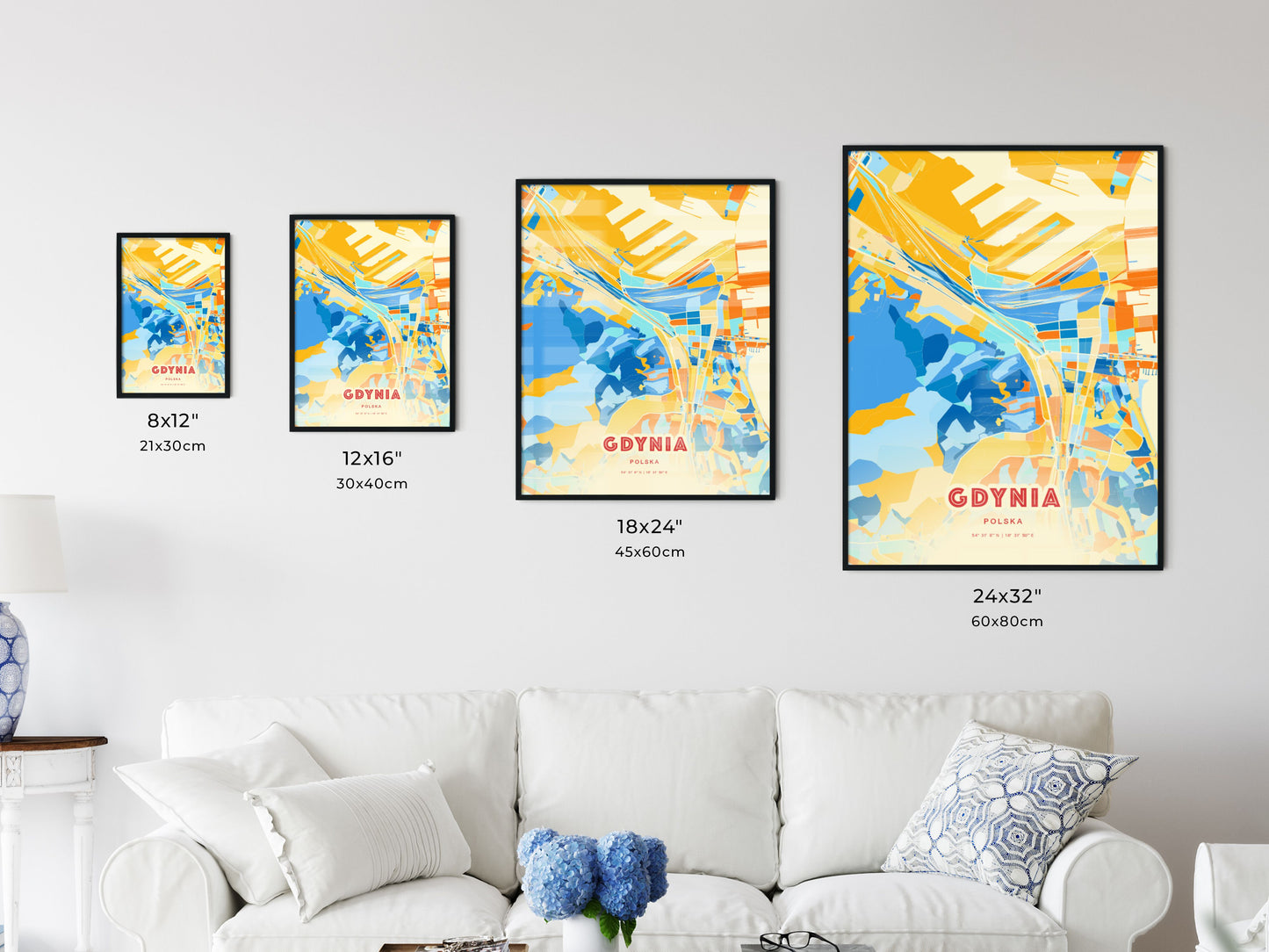 Colorful GDYNIA POLAND Fine Art Map Blue Orange