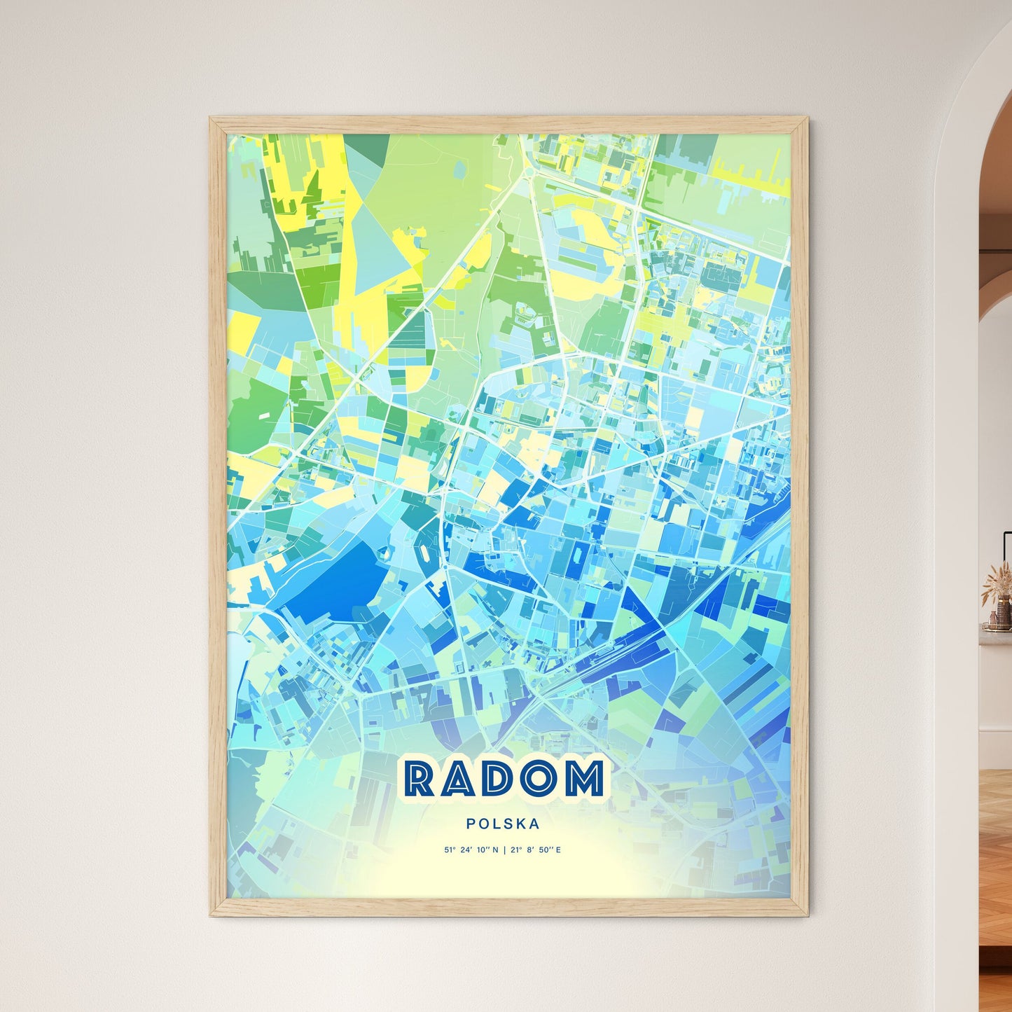 Colorful RADOM POLAND Fine Art Map Cool Blue