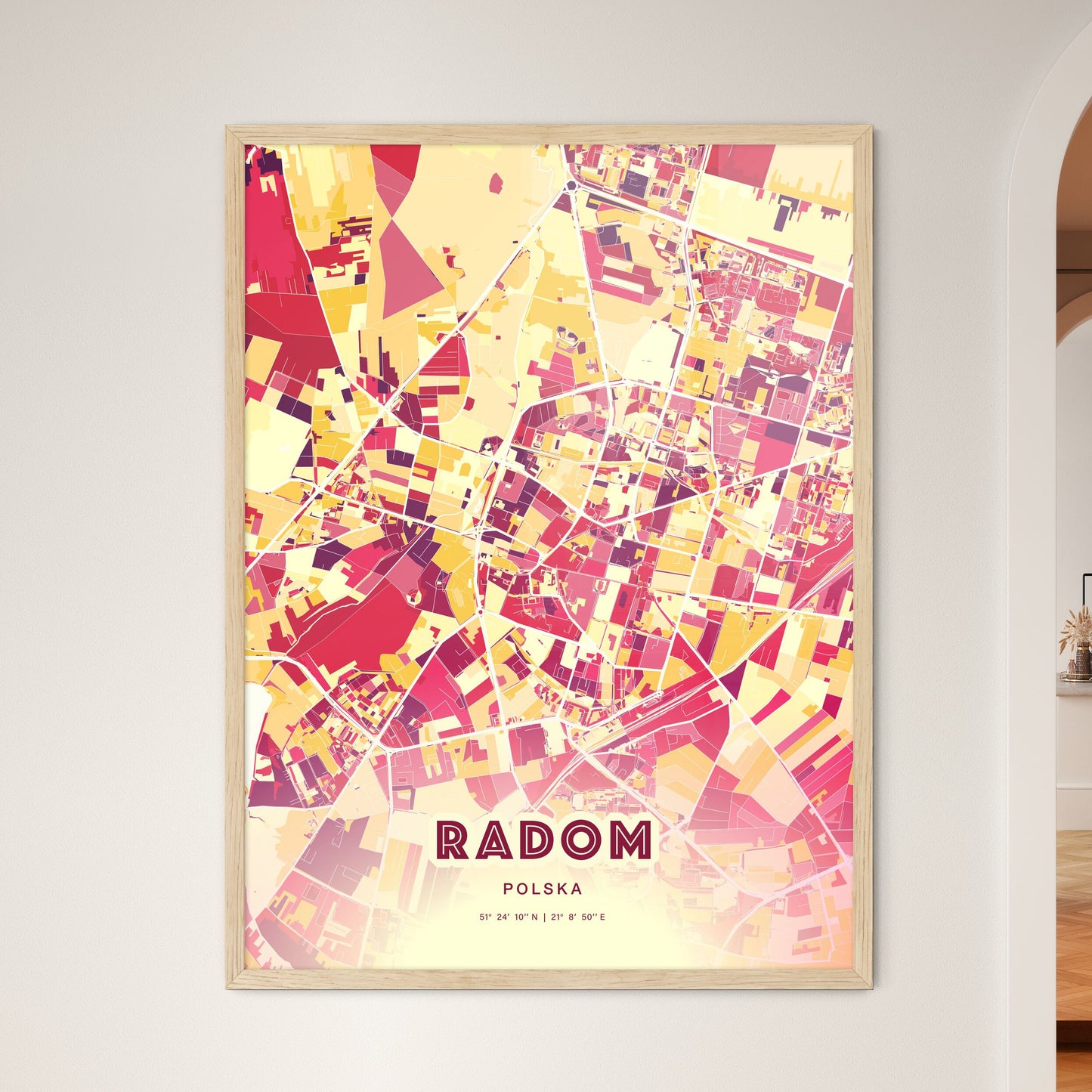 Colorful RADOM POLAND Fine Art Map Hot Red