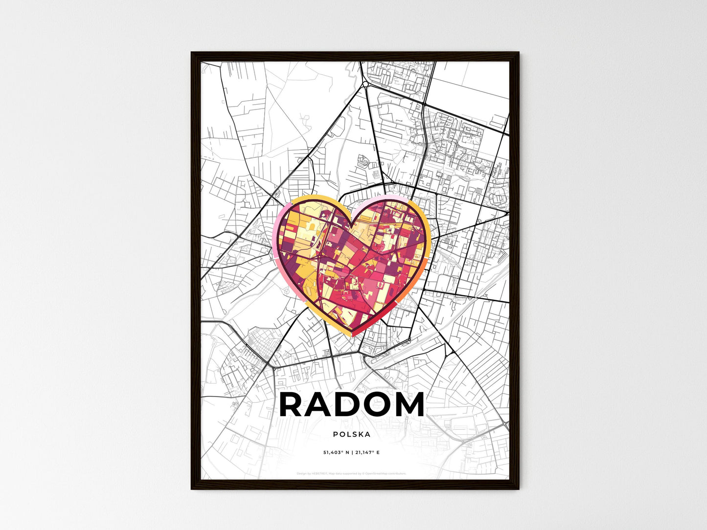 Radom Poland wedding art map with heart icon