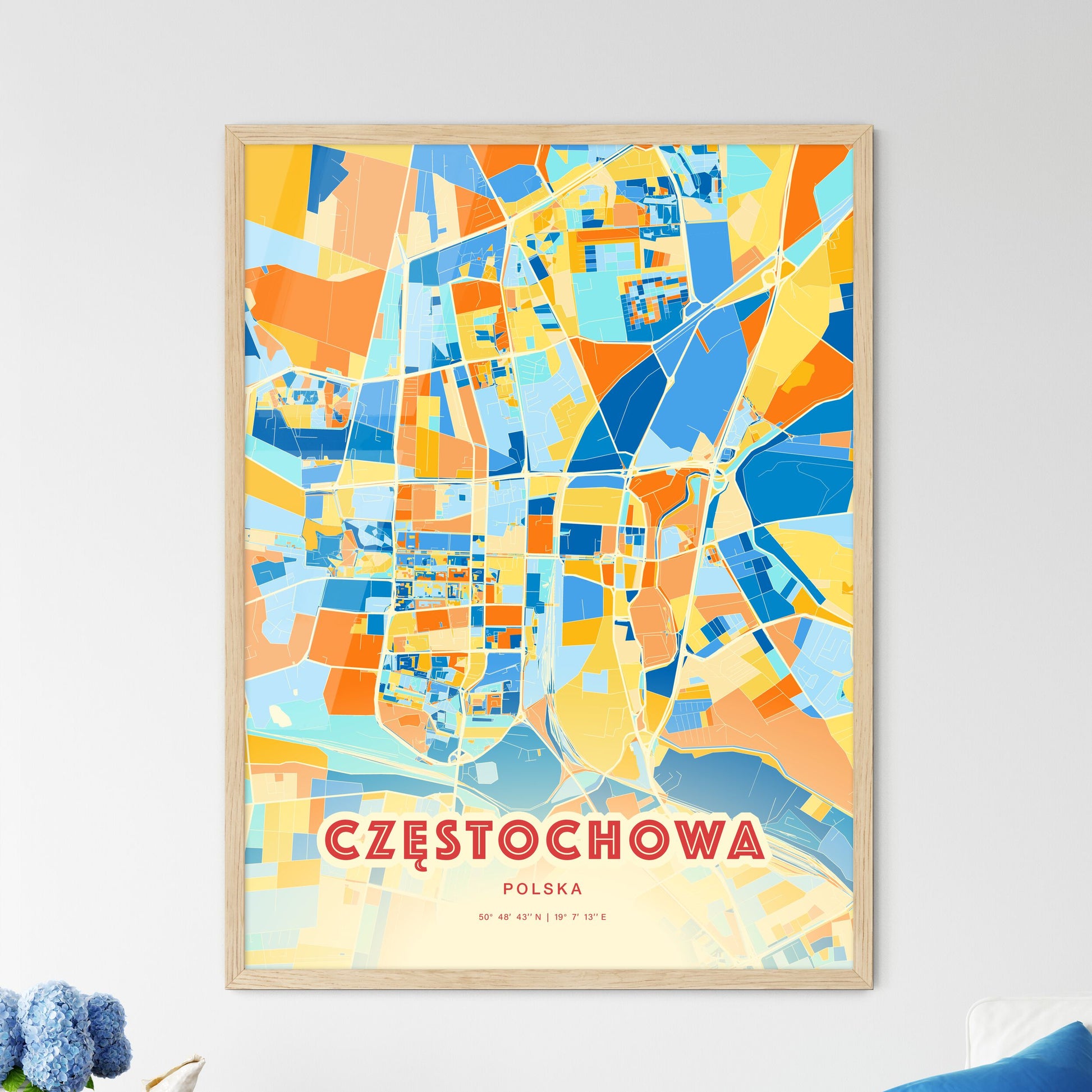 Colorful CZĘSTOCHOWA POLAND Fine Art Map Blue Orange