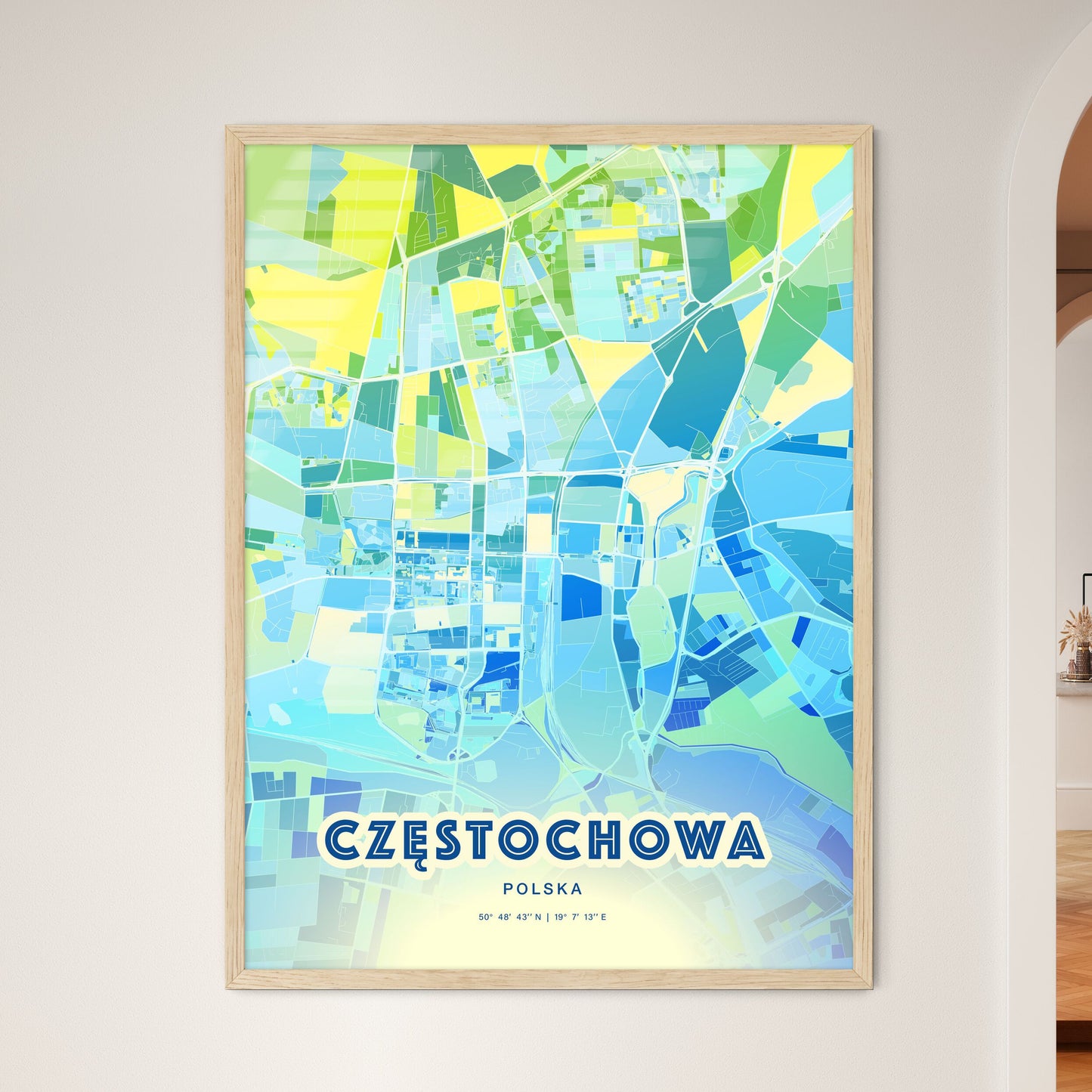 Colorful CZĘSTOCHOWA POLAND Fine Art Map Cool Blue