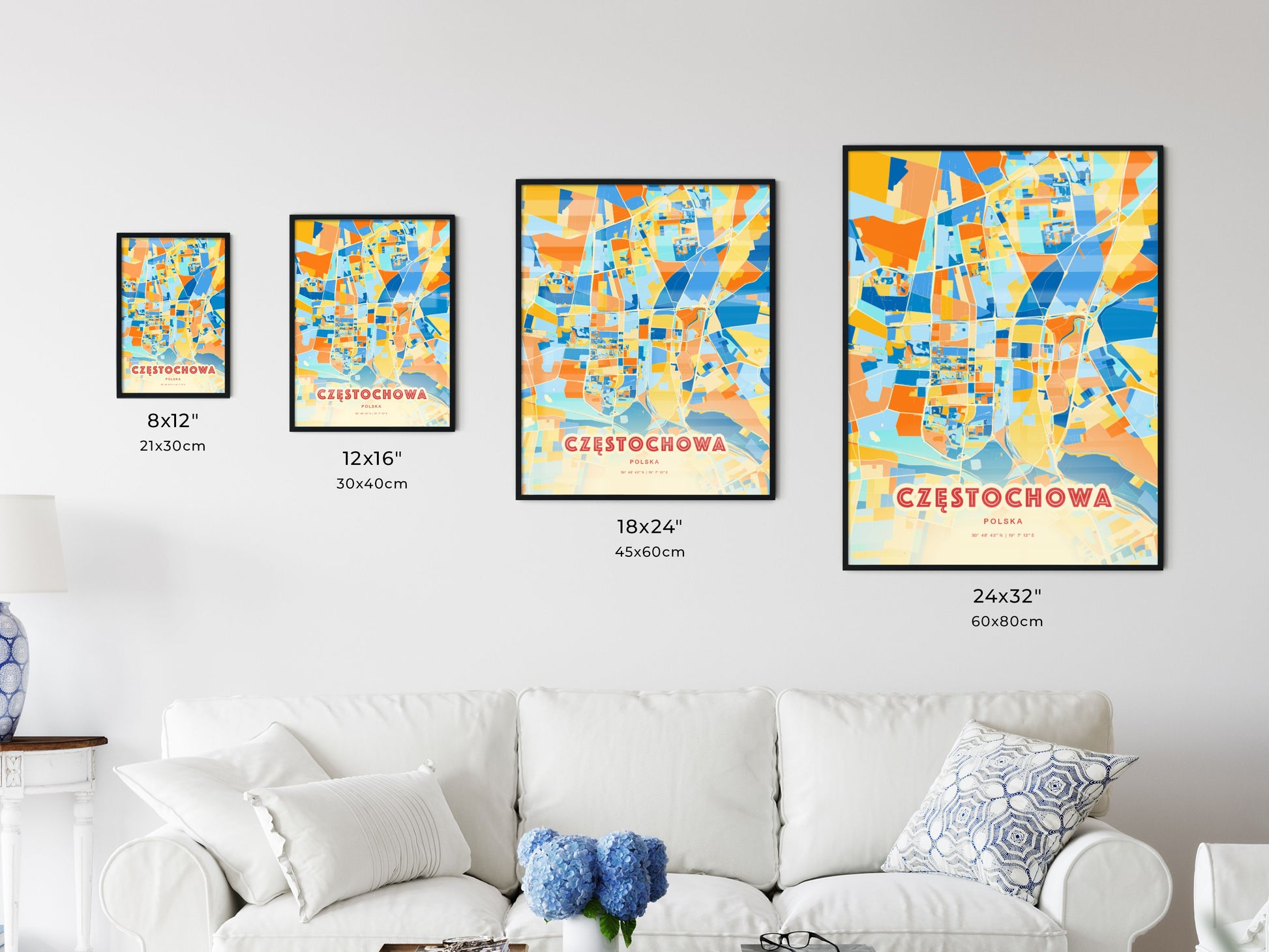 Colorful CZĘSTOCHOWA POLAND Fine Art Map Blue Orange