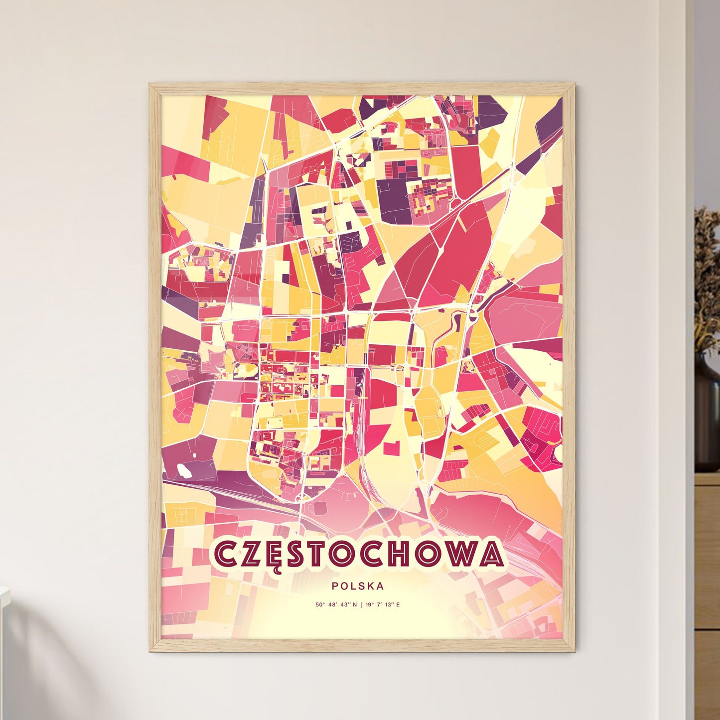 Colorful CZĘSTOCHOWA POLAND Fine Art Map Hot Red