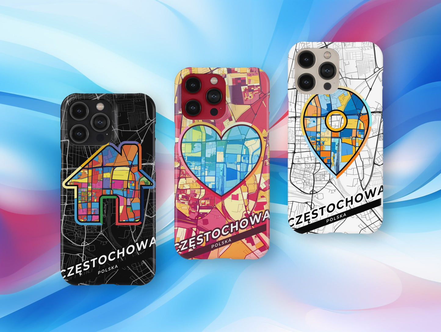 Częstochowa Poland slim phone case with colorful icon. Birthday, wedding or housewarming gift. Couple match cases.