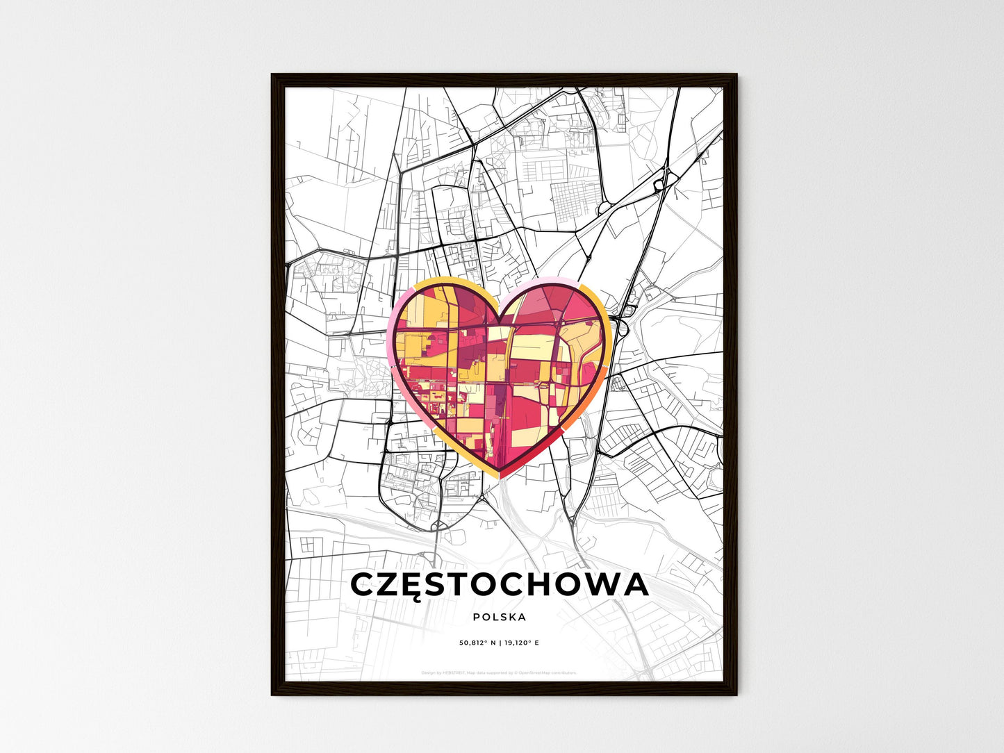 Częstochowa Poland wedding art map with heart icon