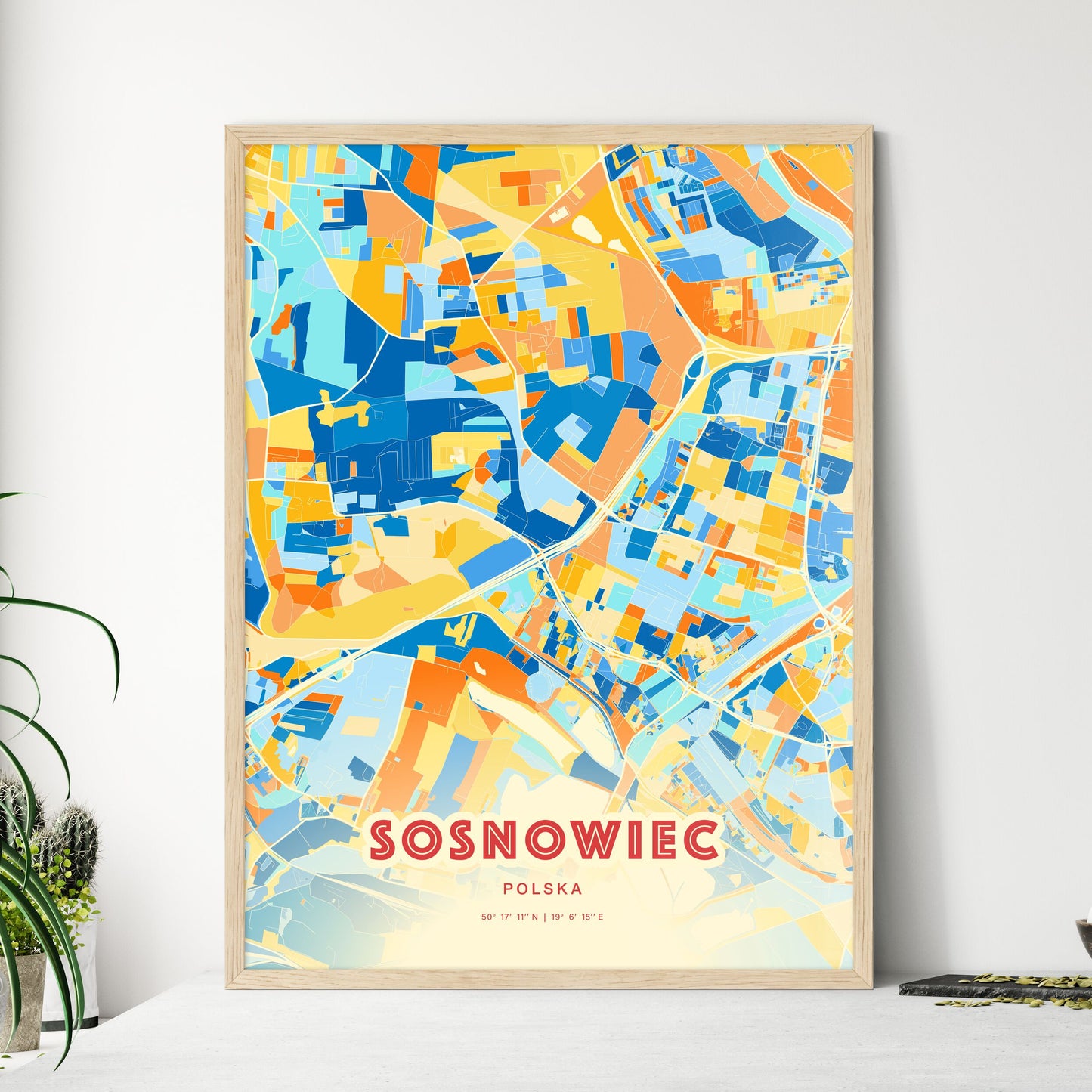 Colorful SOSNOWIEC POLAND Fine Art Map Blue Orange