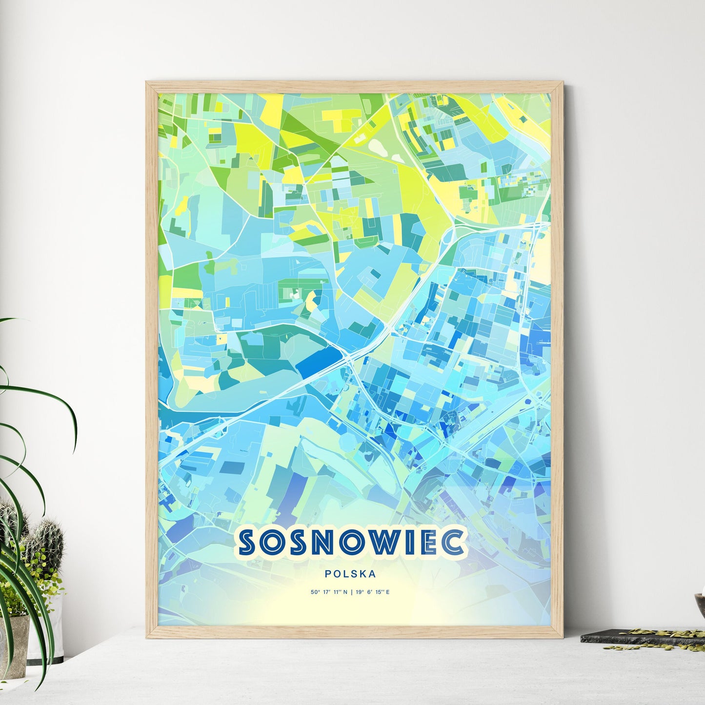 Colorful SOSNOWIEC POLAND Fine Art Map Cool Blue