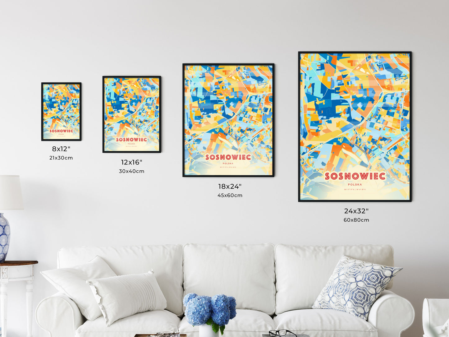 Colorful SOSNOWIEC POLAND Fine Art Map Blue Orange