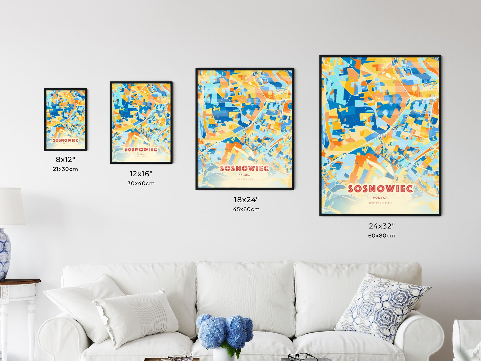 Colorful SOSNOWIEC POLAND Fine Art Map Blue Orange