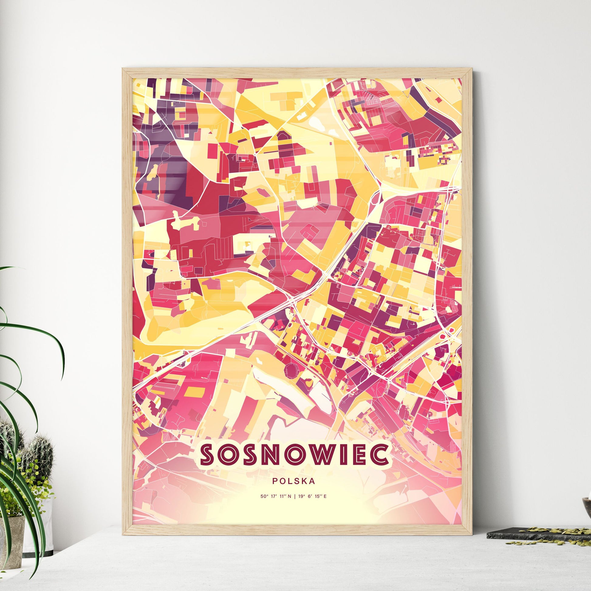 Colorful SOSNOWIEC POLAND Fine Art Map Hot Red