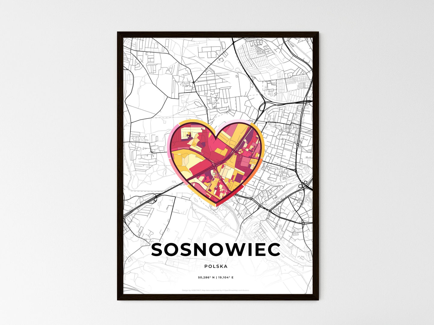 Sosnowiec Poland wedding art map with heart icon