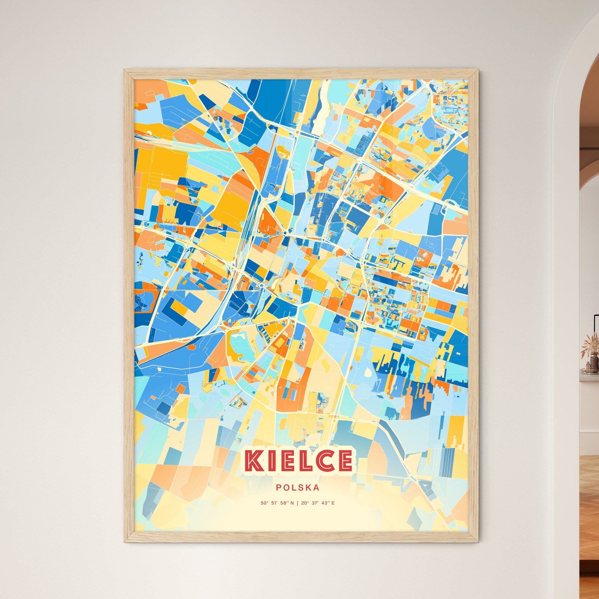 Colorful KIELCE POLAND Fine Art Map Blue Orange