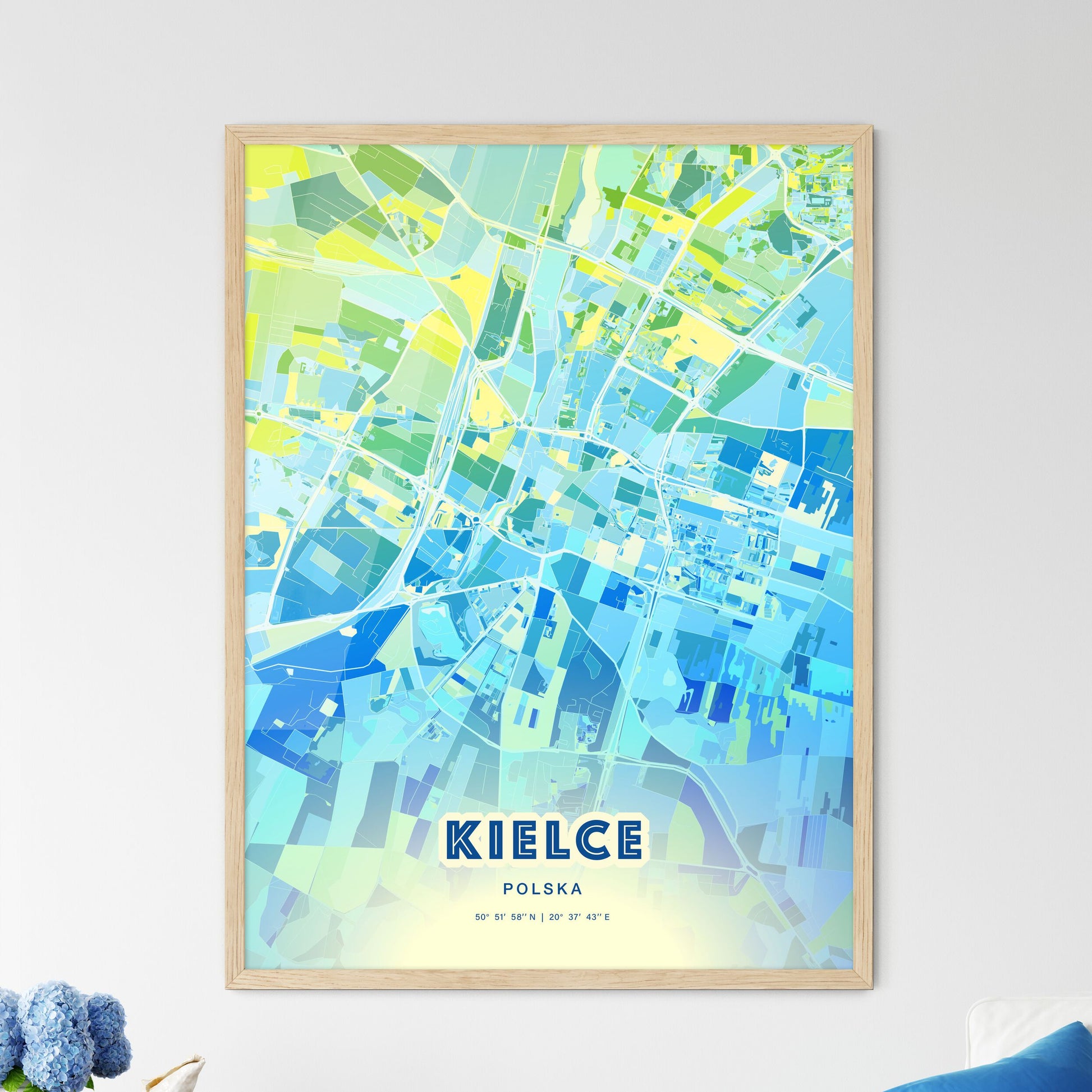 Colorful KIELCE POLAND Fine Art Map Cool Blue