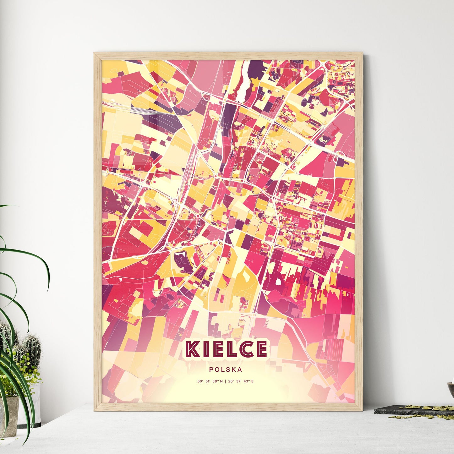 Colorful KIELCE POLAND Fine Art Map Hot Red