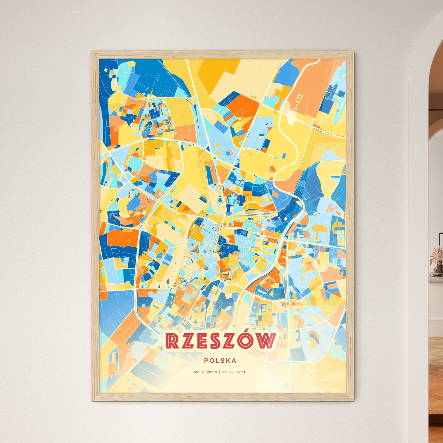 Colorful RZESZÓW POLAND Fine Art Map Blue Orange