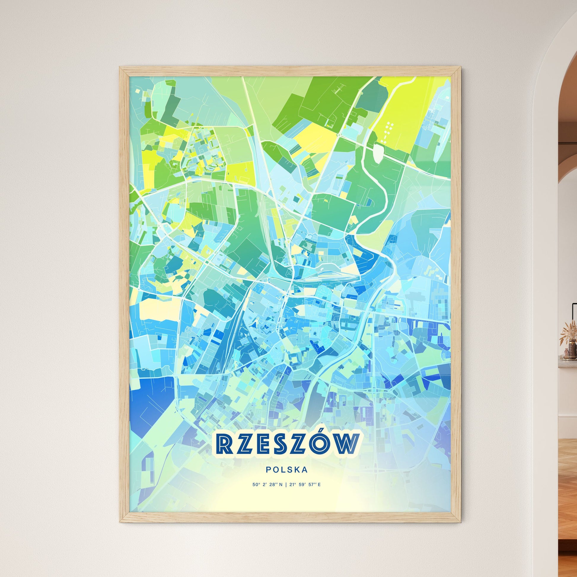 Colorful RZESZÓW POLAND Fine Art Map Cool Blue