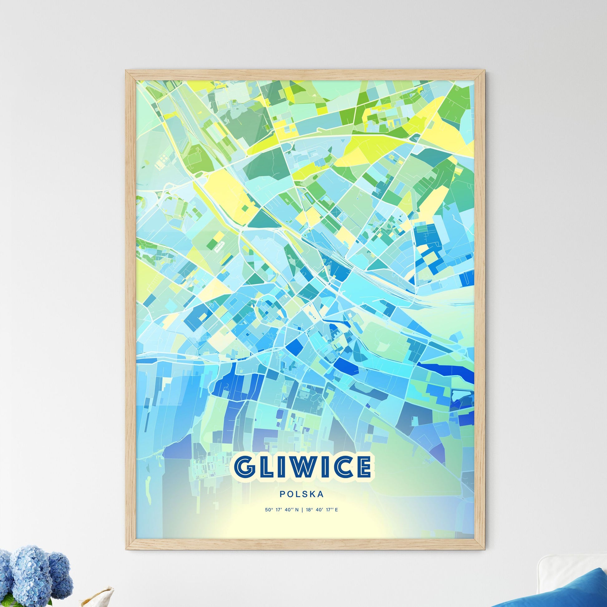 Colorful GLIWICE POLAND Fine Art Map Cool Blue
