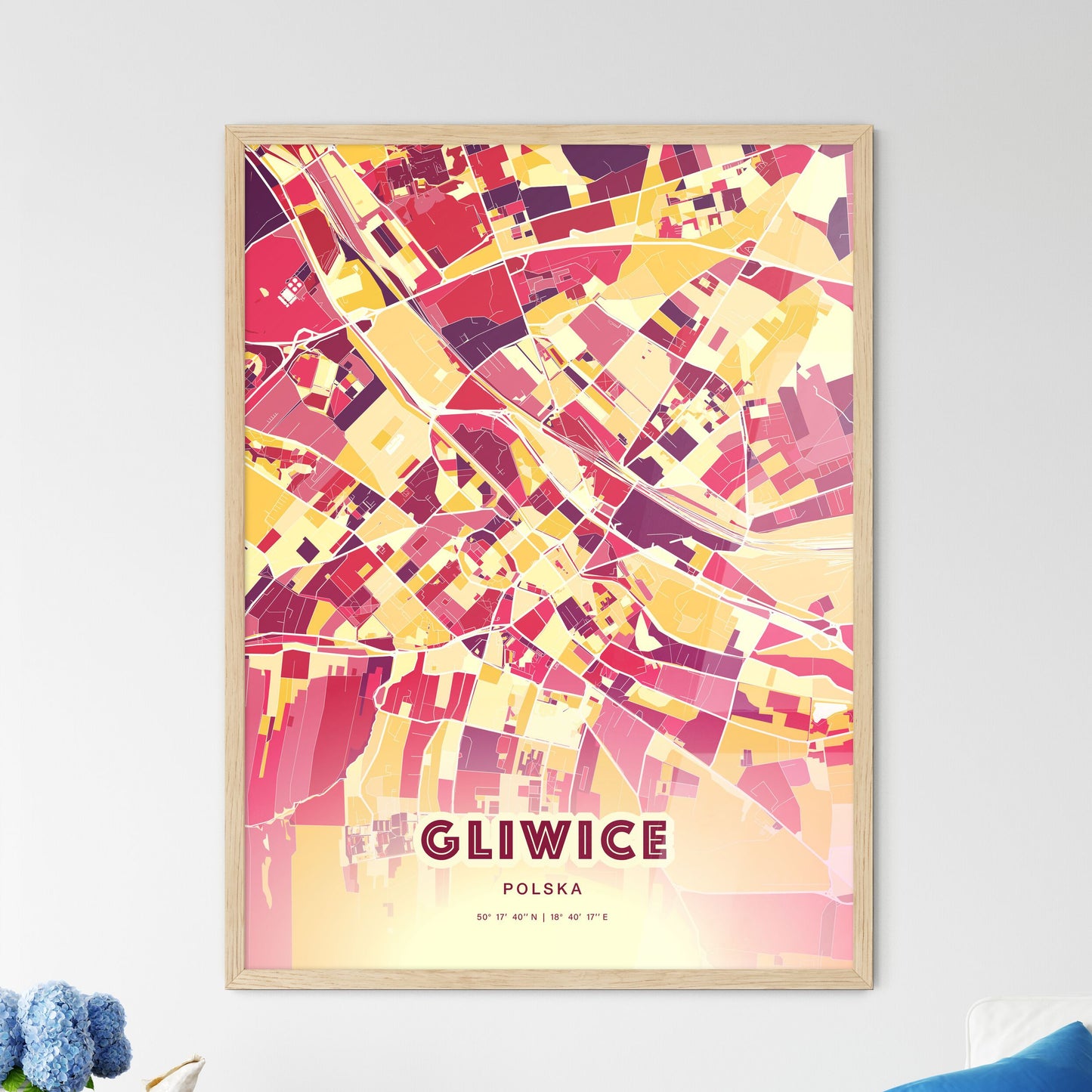 Colorful GLIWICE POLAND Fine Art Map Hot Red