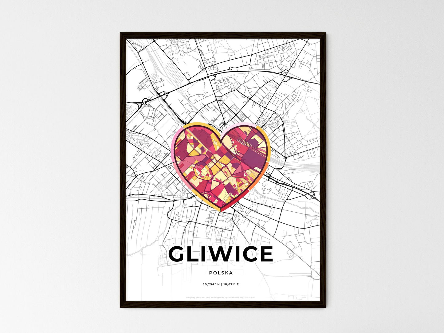 Gliwice Poland wedding art map with heart icon