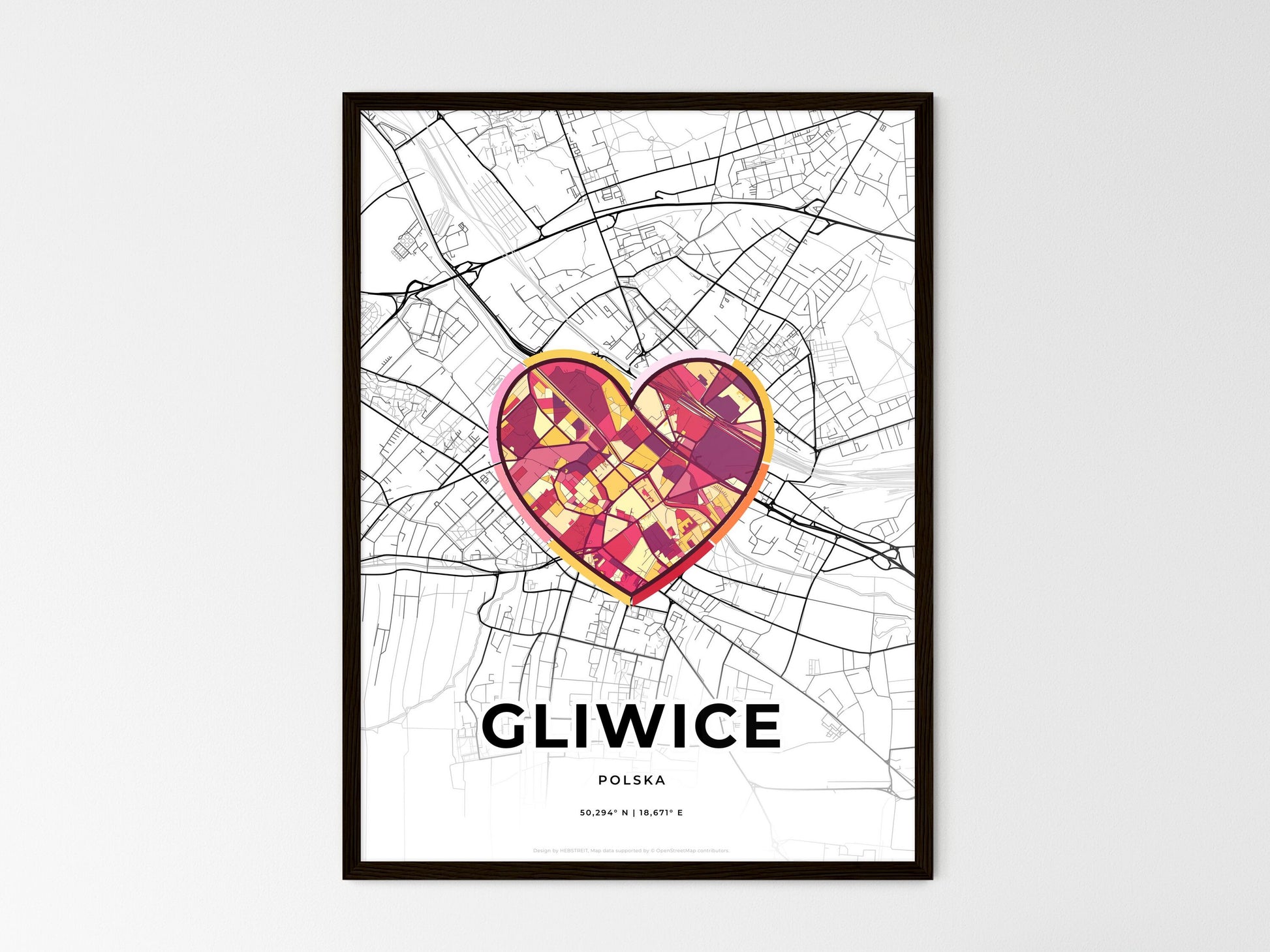 Gliwice Poland wedding art map with heart icon