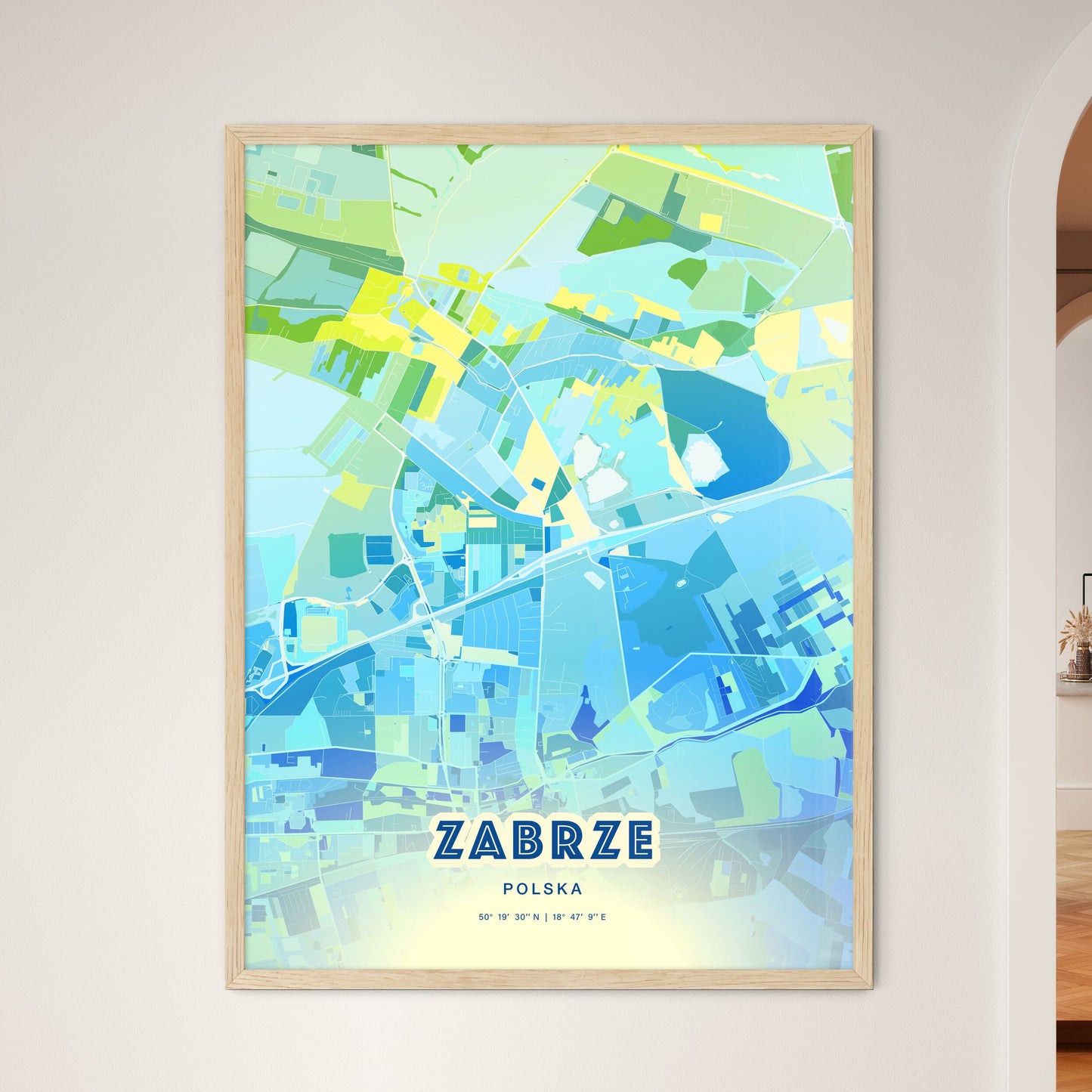 Colorful ZABRZE POLAND Fine Art Map Cool Blue