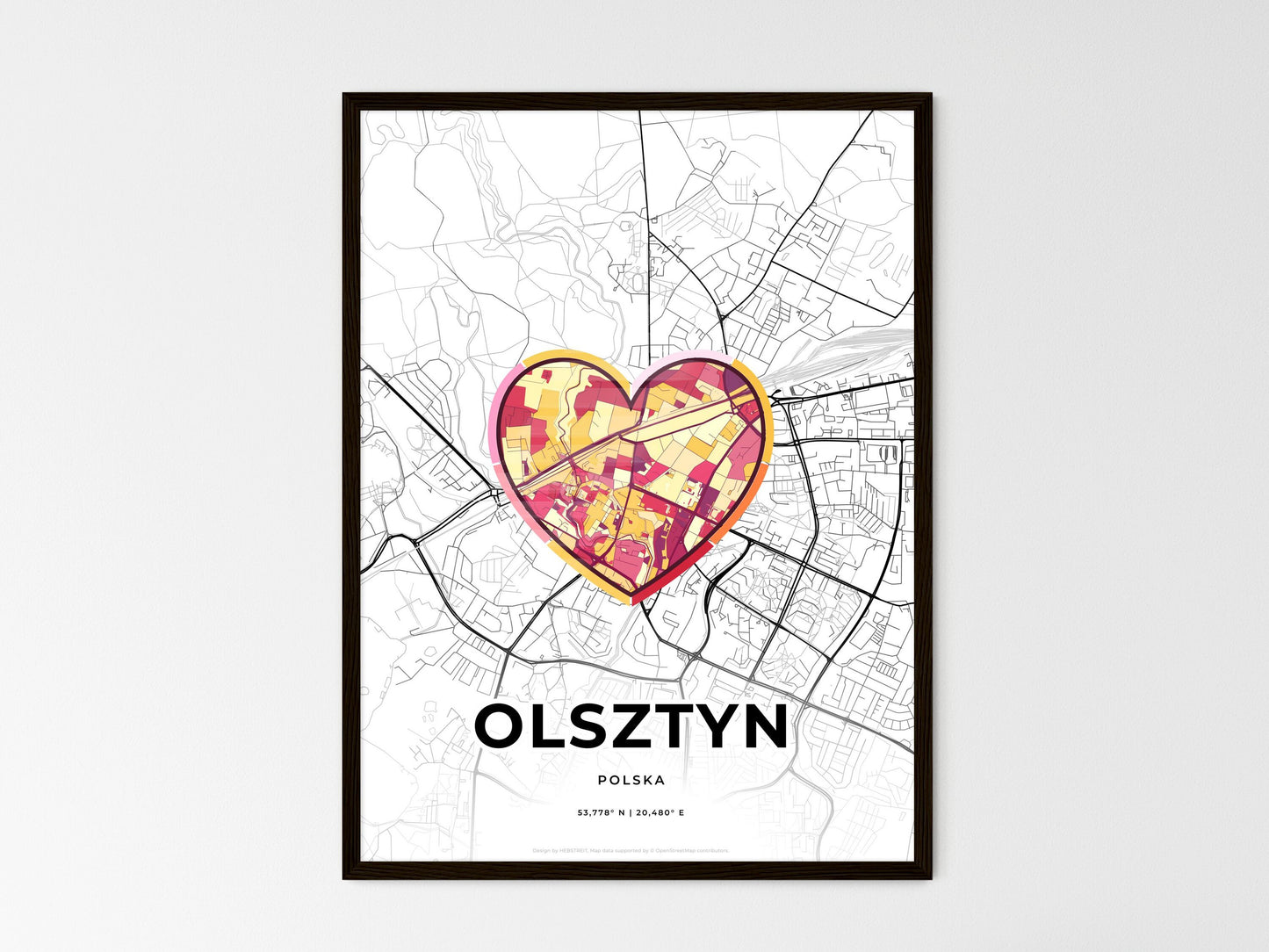 Olsztyn Poland wedding art map with heart icon