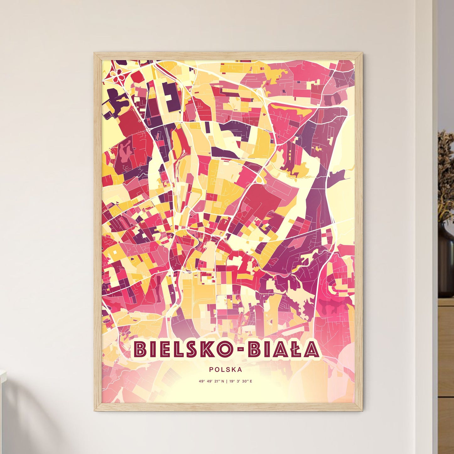 Colorful BIELSKO-BIAŁA POLAND Fine Art Map Hot Red