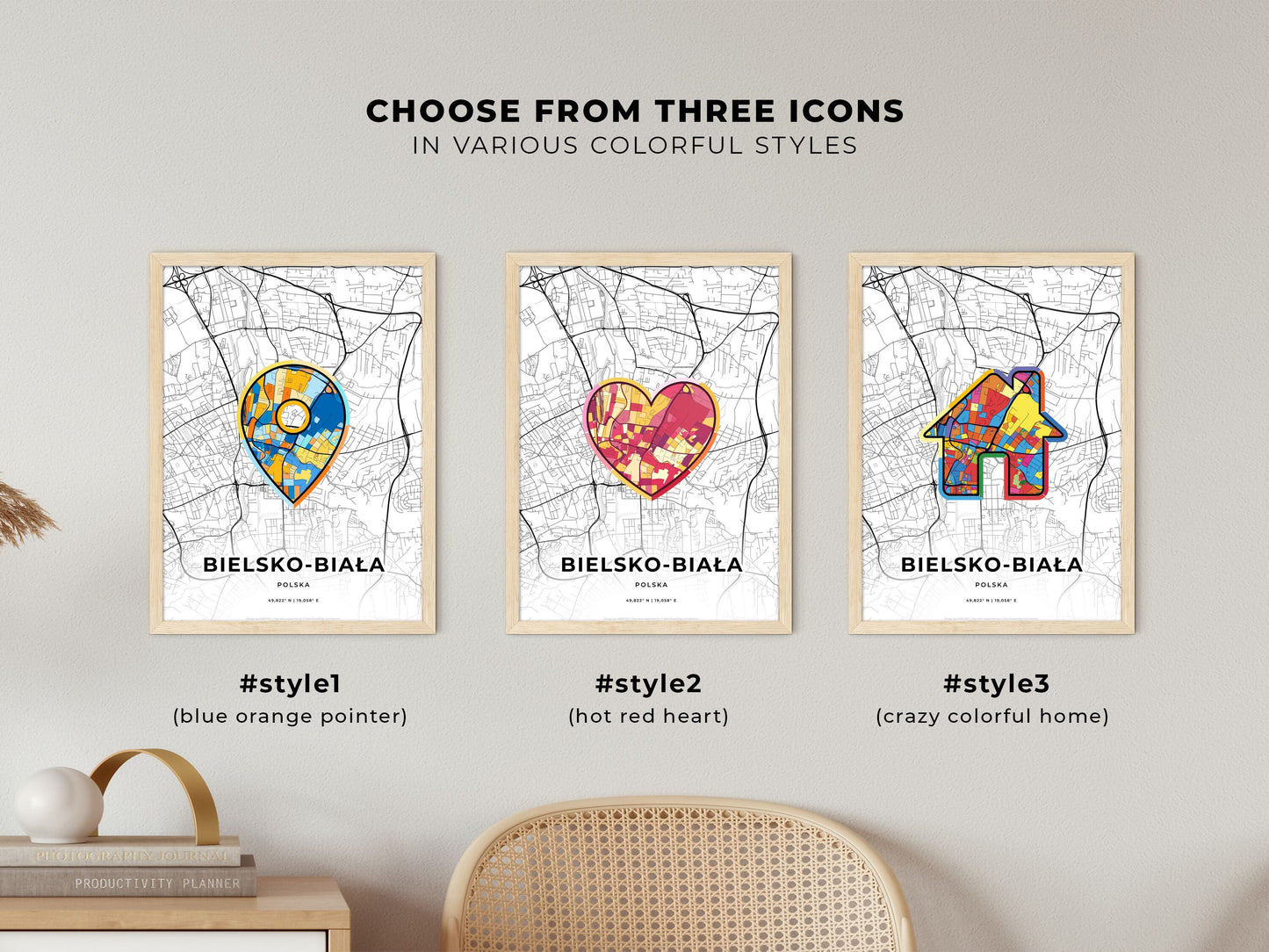 Bielsko-Biała Poland maps with colorful icons