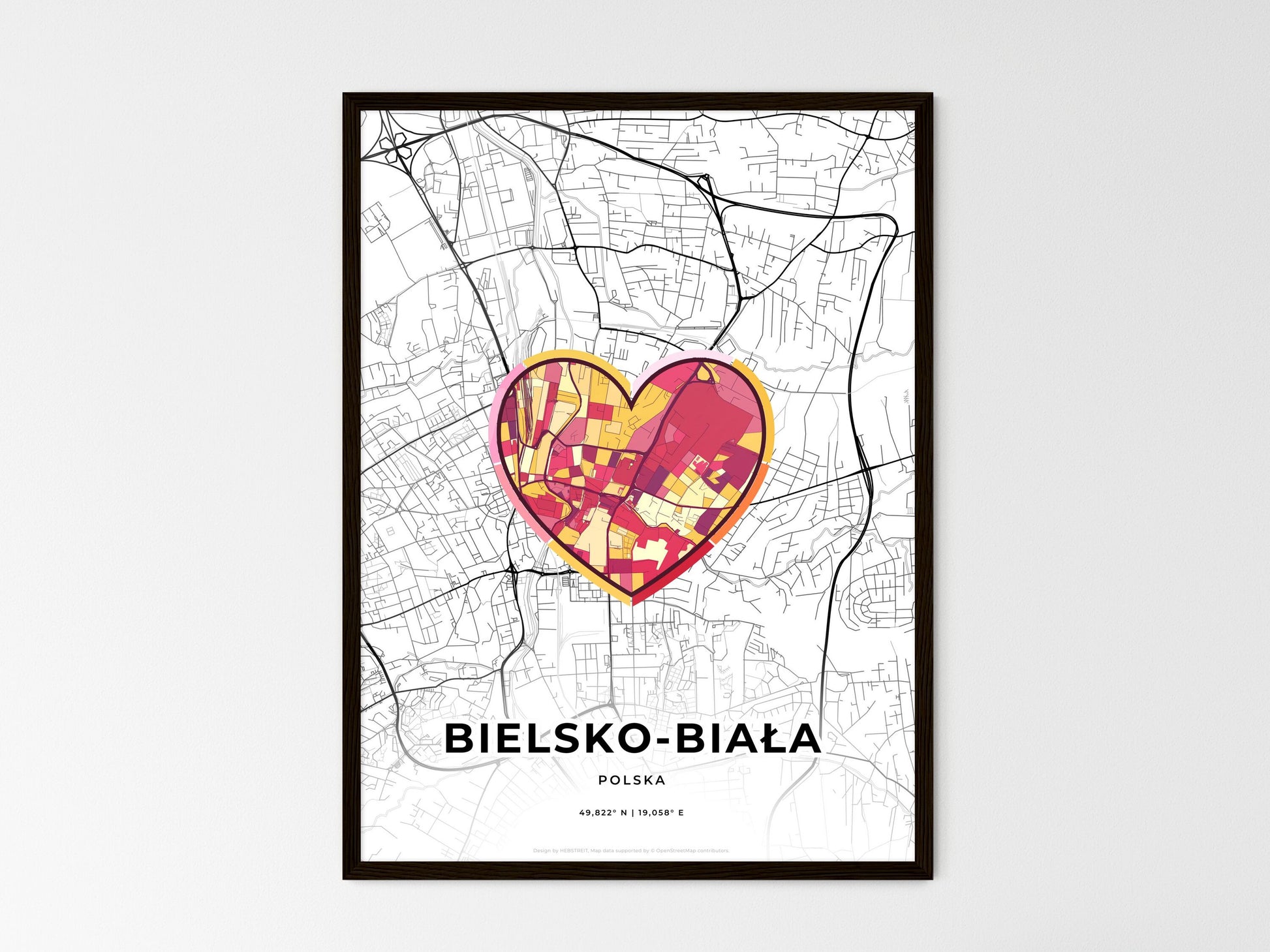 Bielsko-Biała Poland wedding art map with heart icon