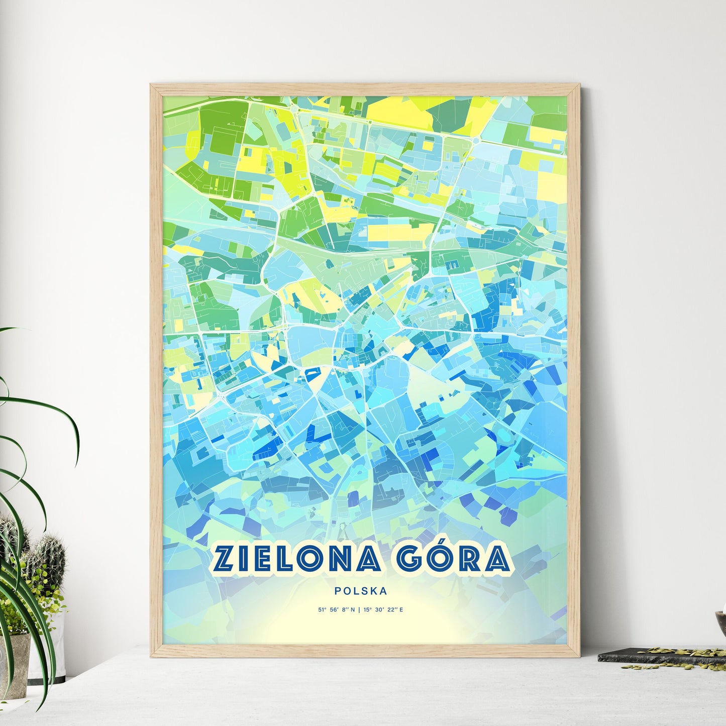 Colorful ZIELONA GÓRA POLAND Fine Art Map Cool Blue