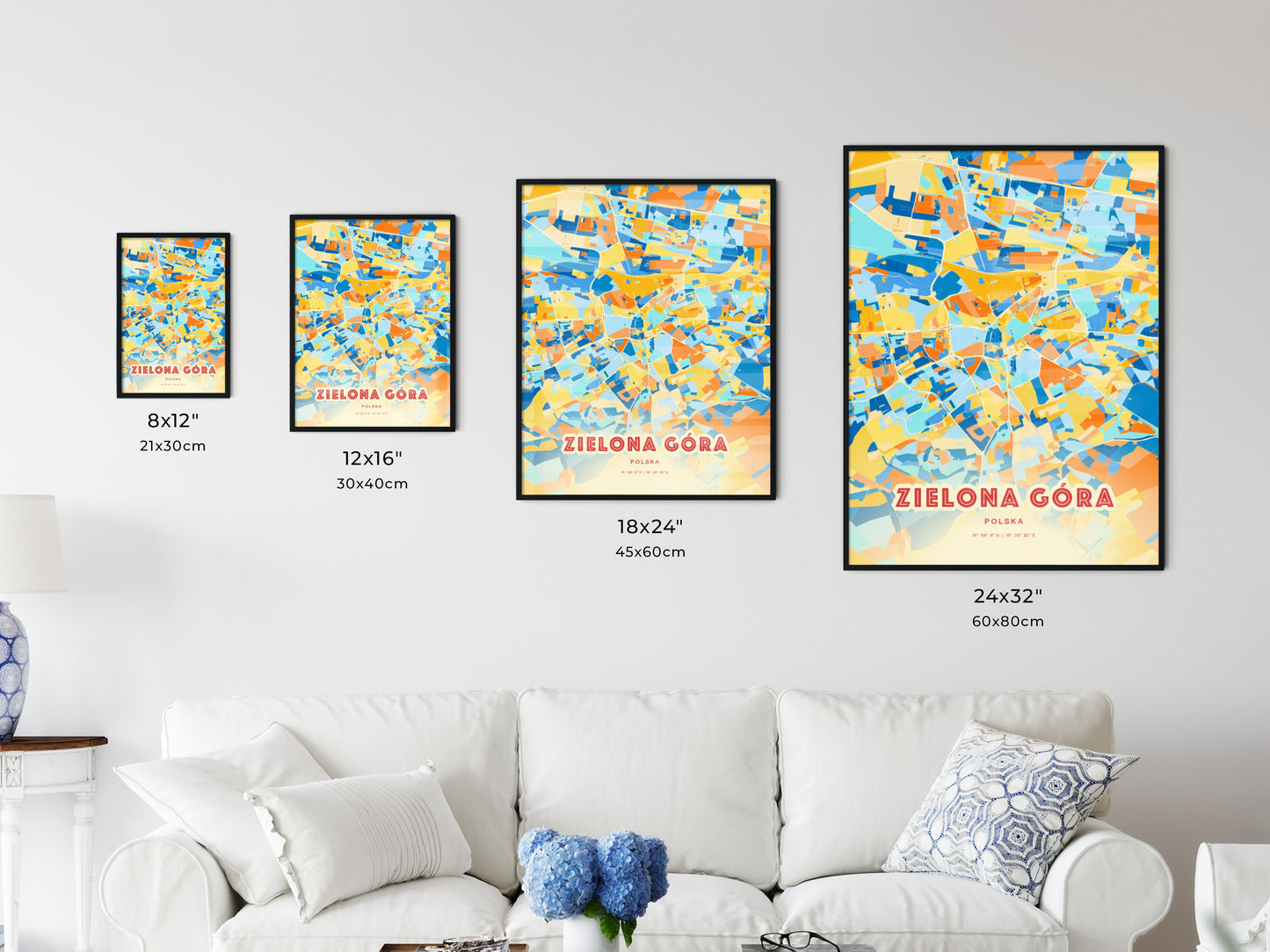 Colorful ZIELONA GÓRA POLAND Fine Art Map Blue Orange