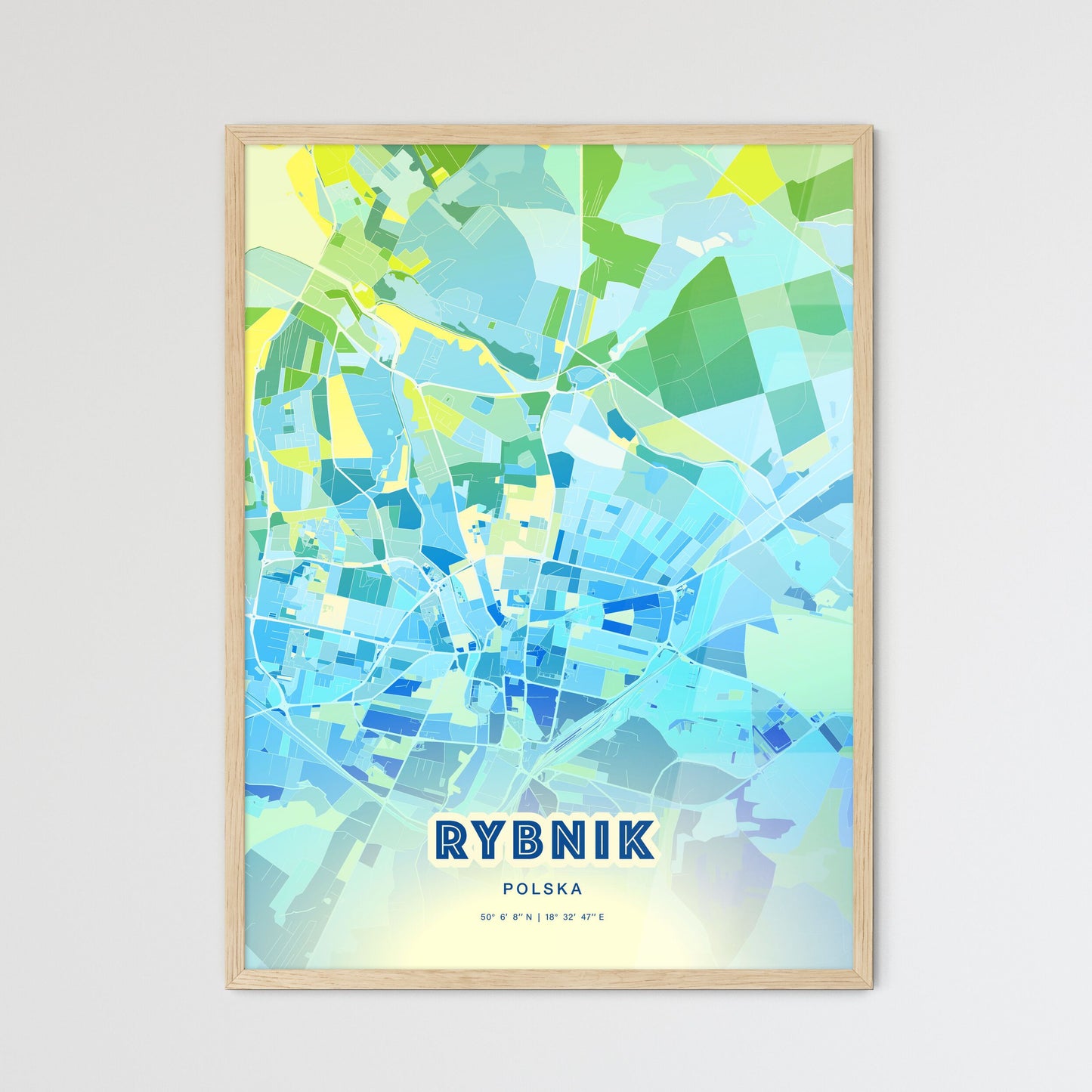 Colorful RYBNIK POLAND Fine Art Map Cool Blue