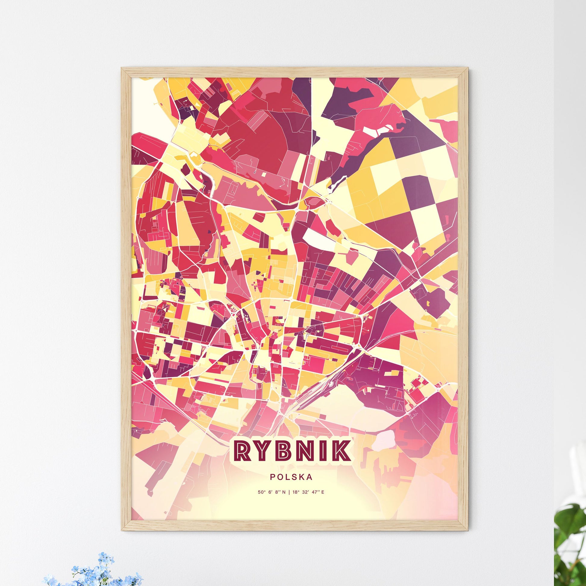 Colorful RYBNIK POLAND Fine Art Map Hot Red