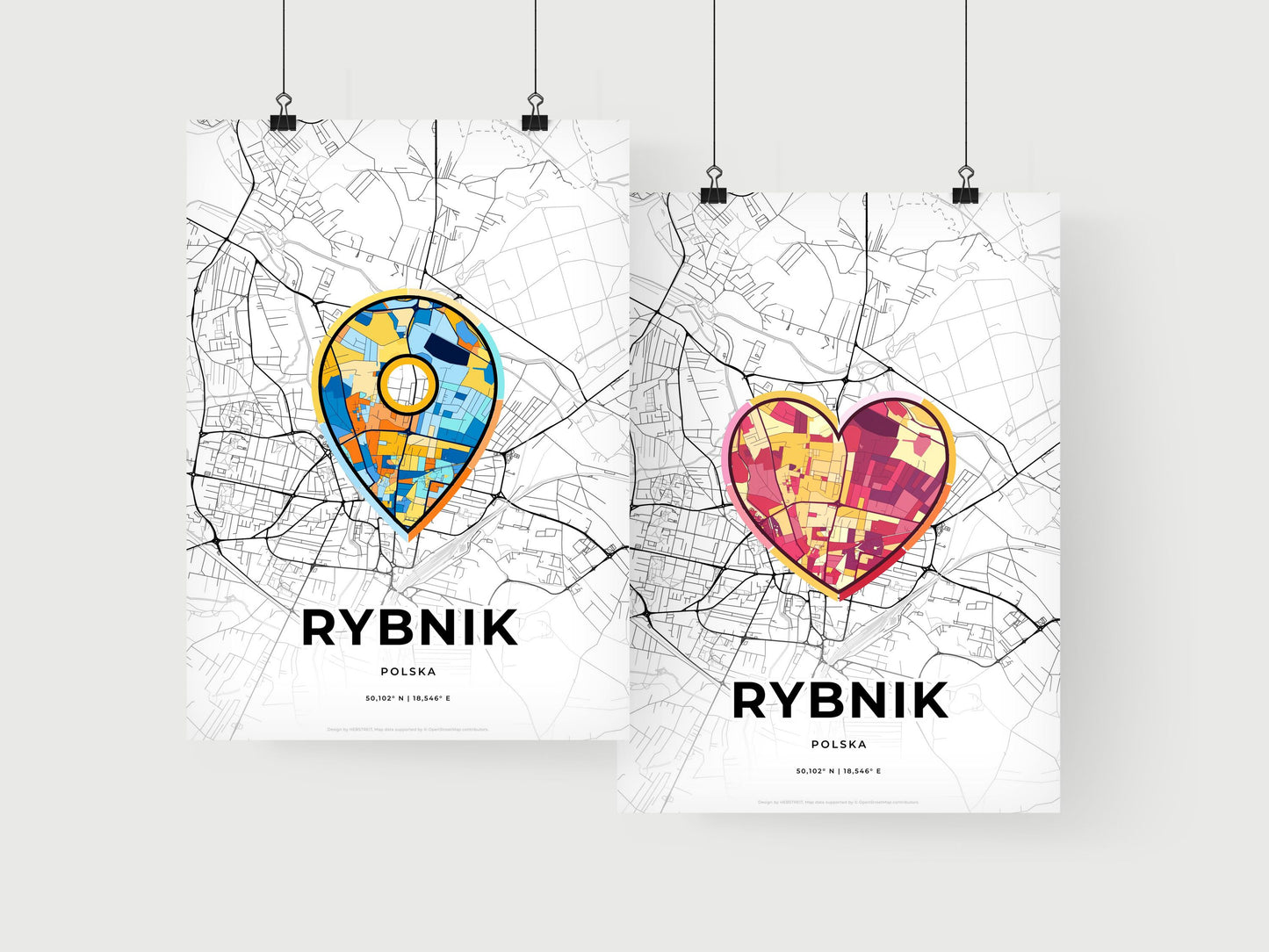 RYBNIK POLAND minimal art map with a colorful icon. Where it all began, Couple map gift.