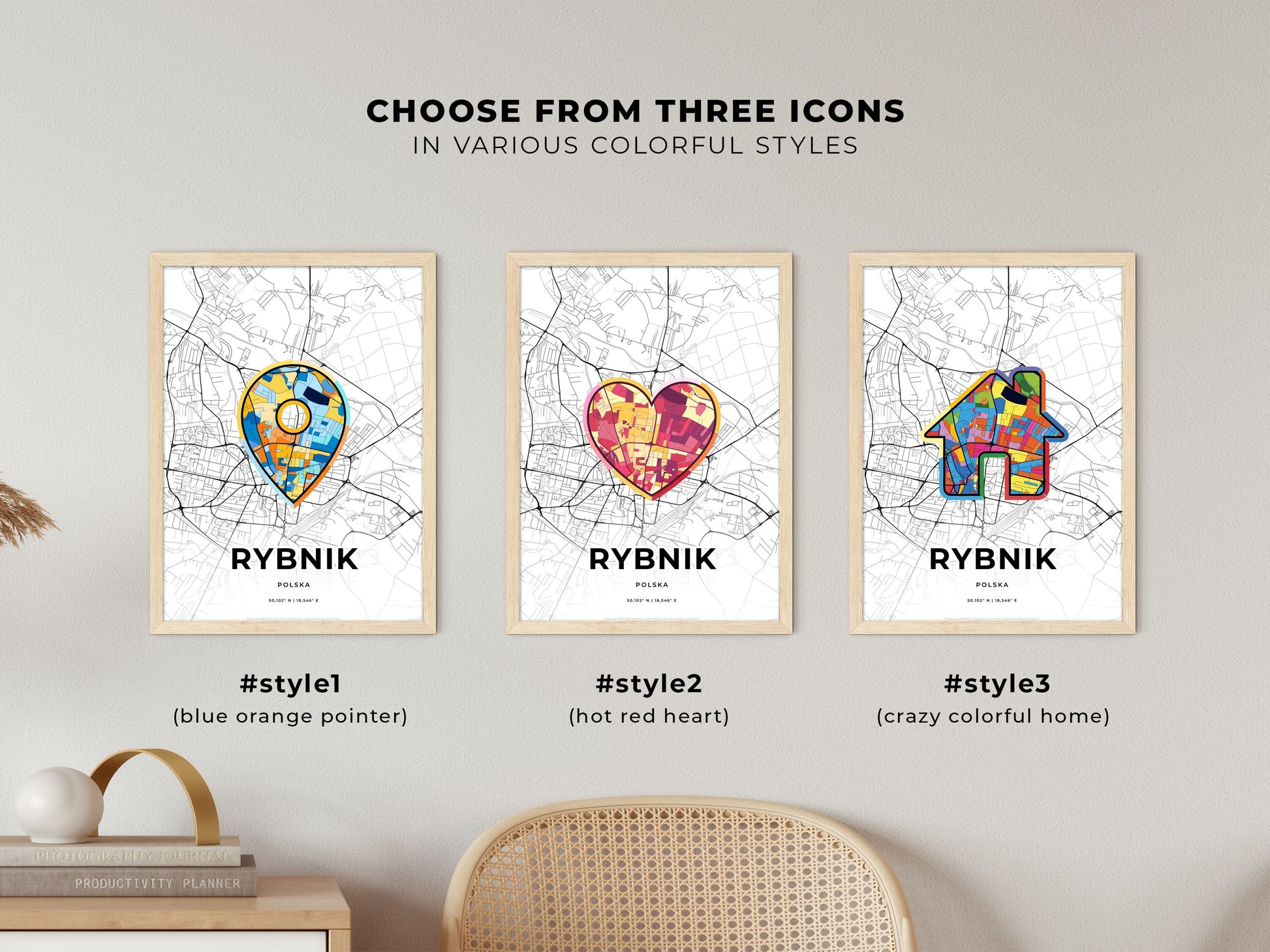 RYBNIK POLAND minimal art map with a colorful icon. Where it all began, Couple map gift.